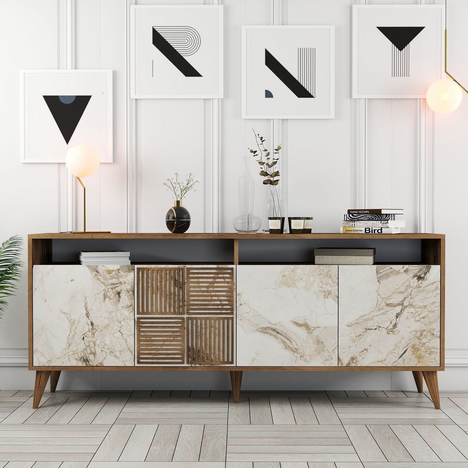 Comoda Milan, alun/alb cu efect de marmura, PAL melaminat, 180x35x79 cm