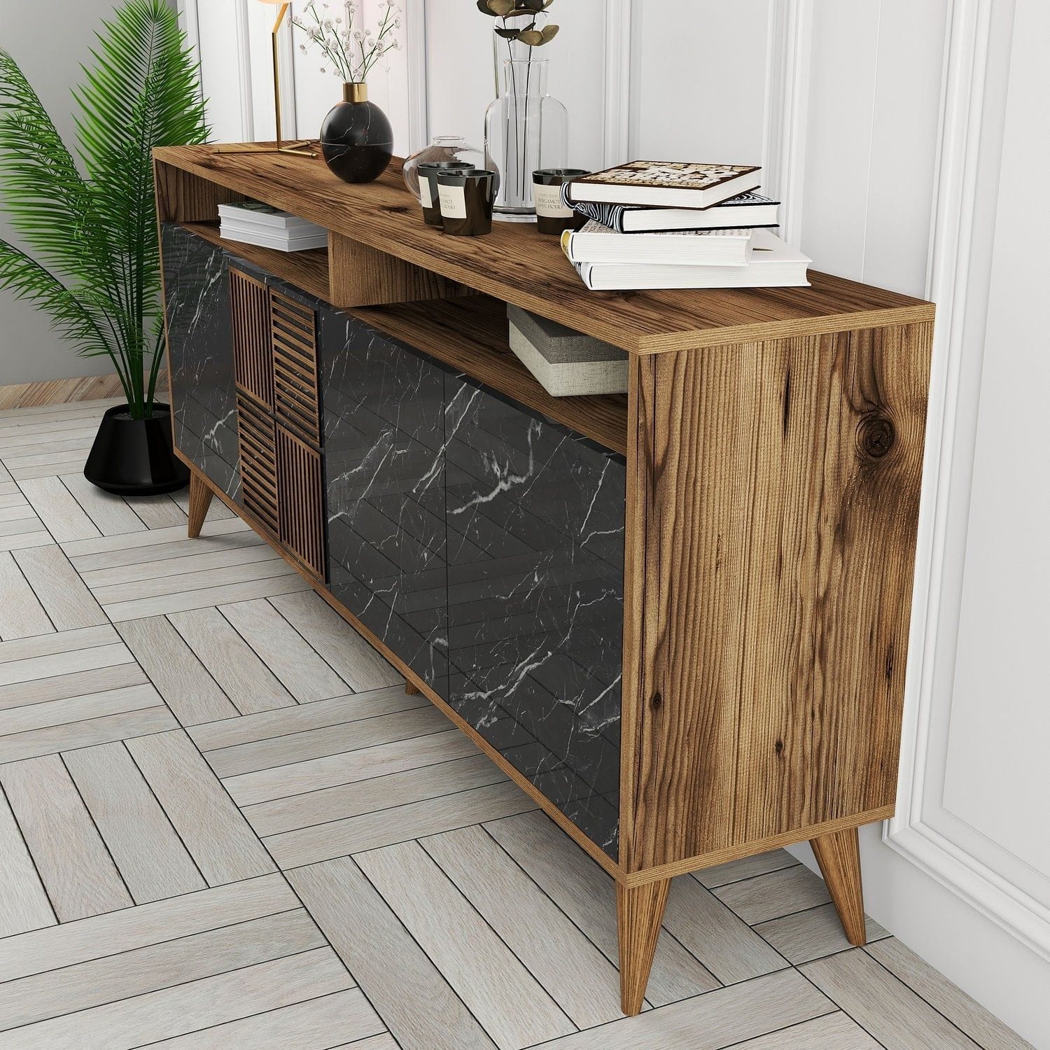 Comoda Milan, nuc/negru, PAL melaminat/plastic, 180x35x79 cm