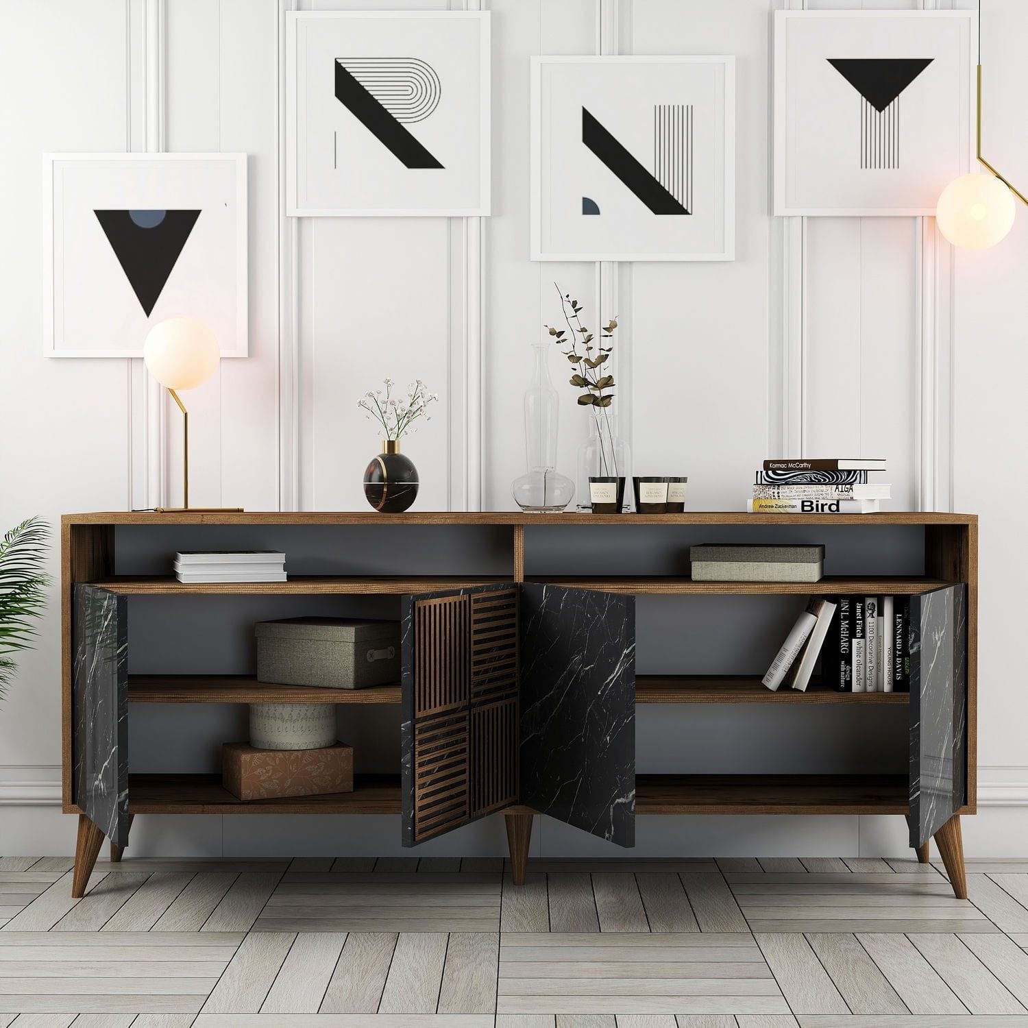 Comoda Milan, nuc/negru, PAL melaminat/plastic, 180x35x79 cm