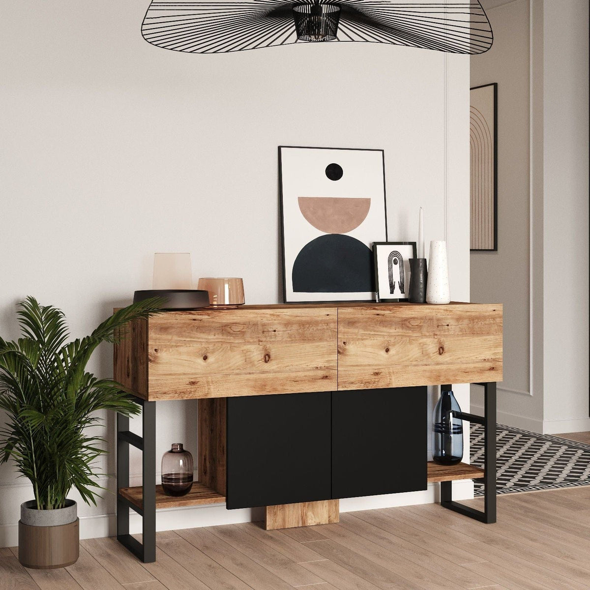 Comoda ML25 - A, pin atlantic/negru, PAL melaminat/metal, 139x43x84 cm