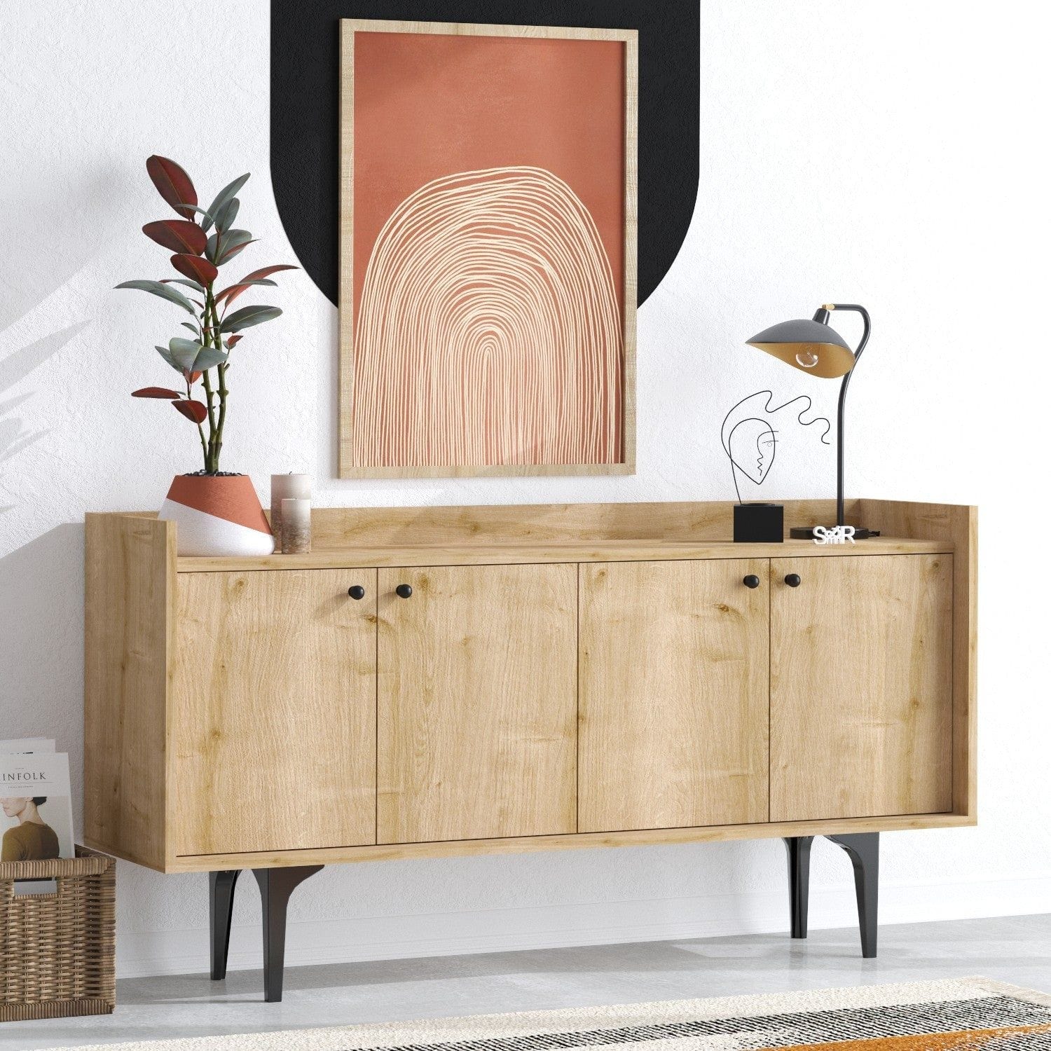 Comoda NAVI, stejar/negru, PAL melaminat/metal, 150x40x80 cm