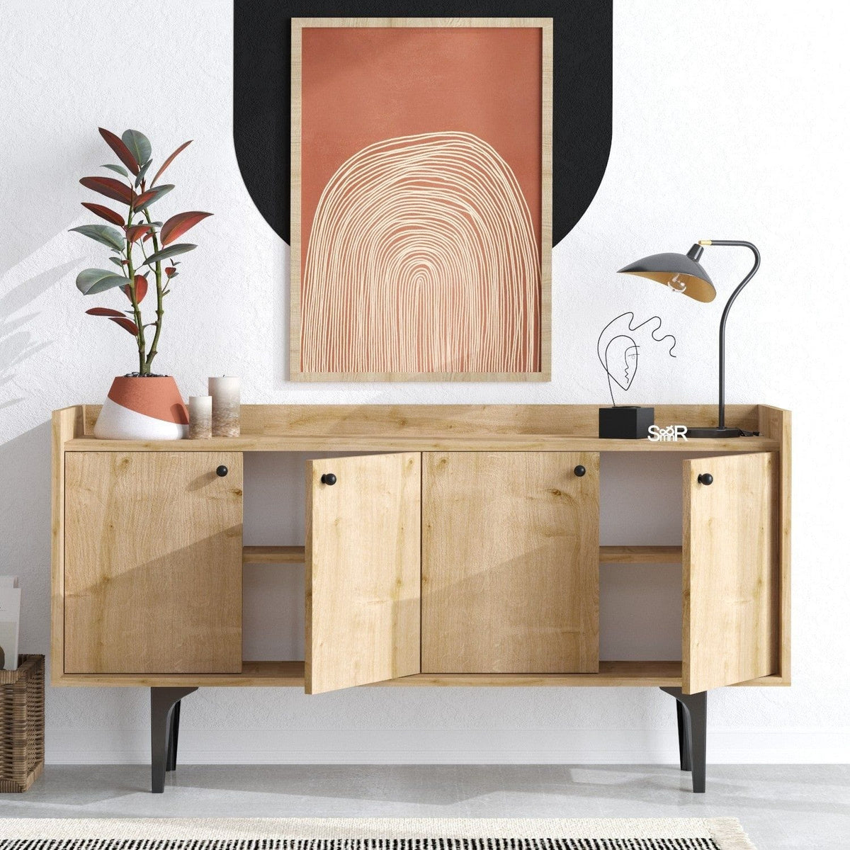 Comoda NAVI, stejar/negru, PAL melaminat/metal, 150x40x80 cm