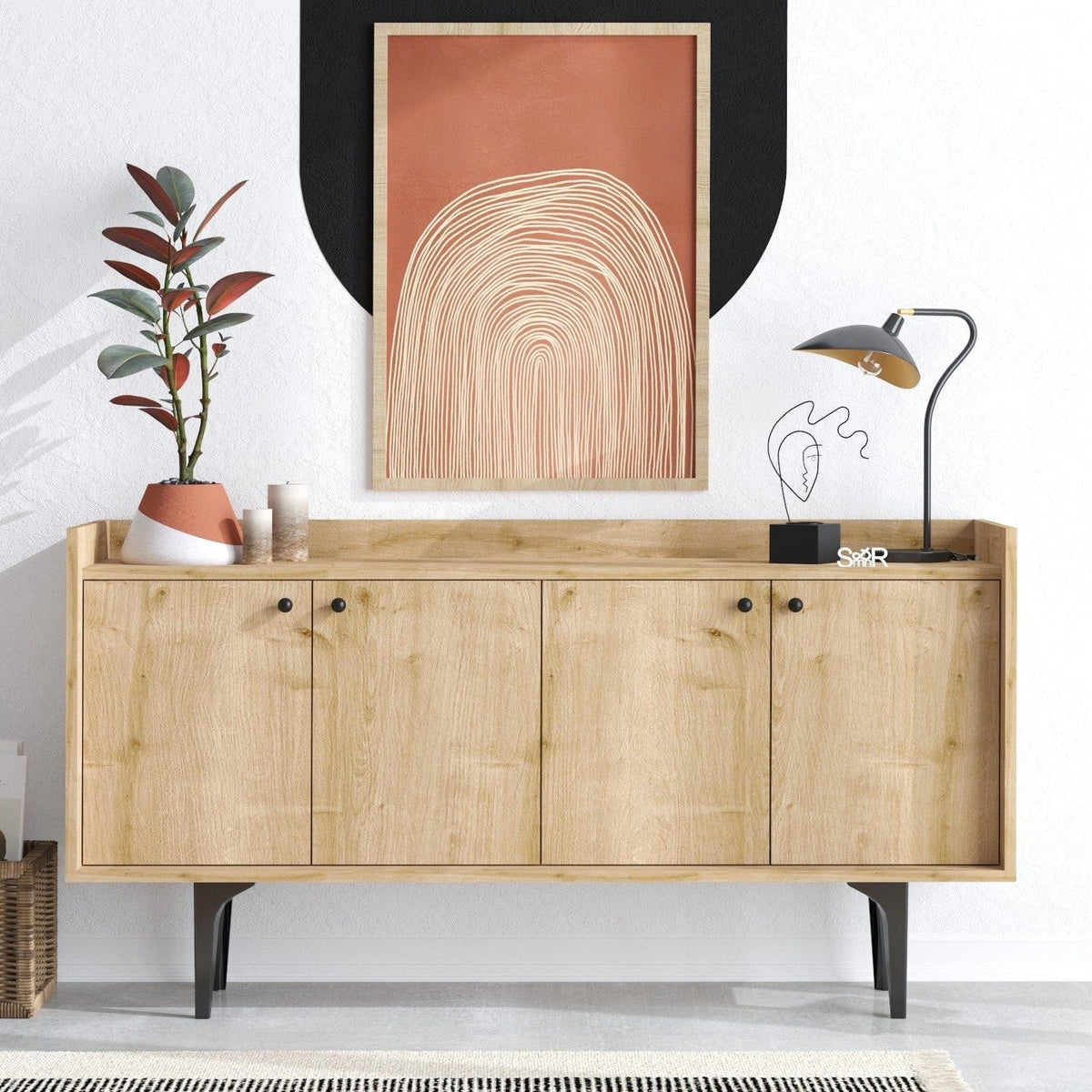 Comoda NAVI, stejar/negru, PAL melaminat/metal, 150x40x80 cm