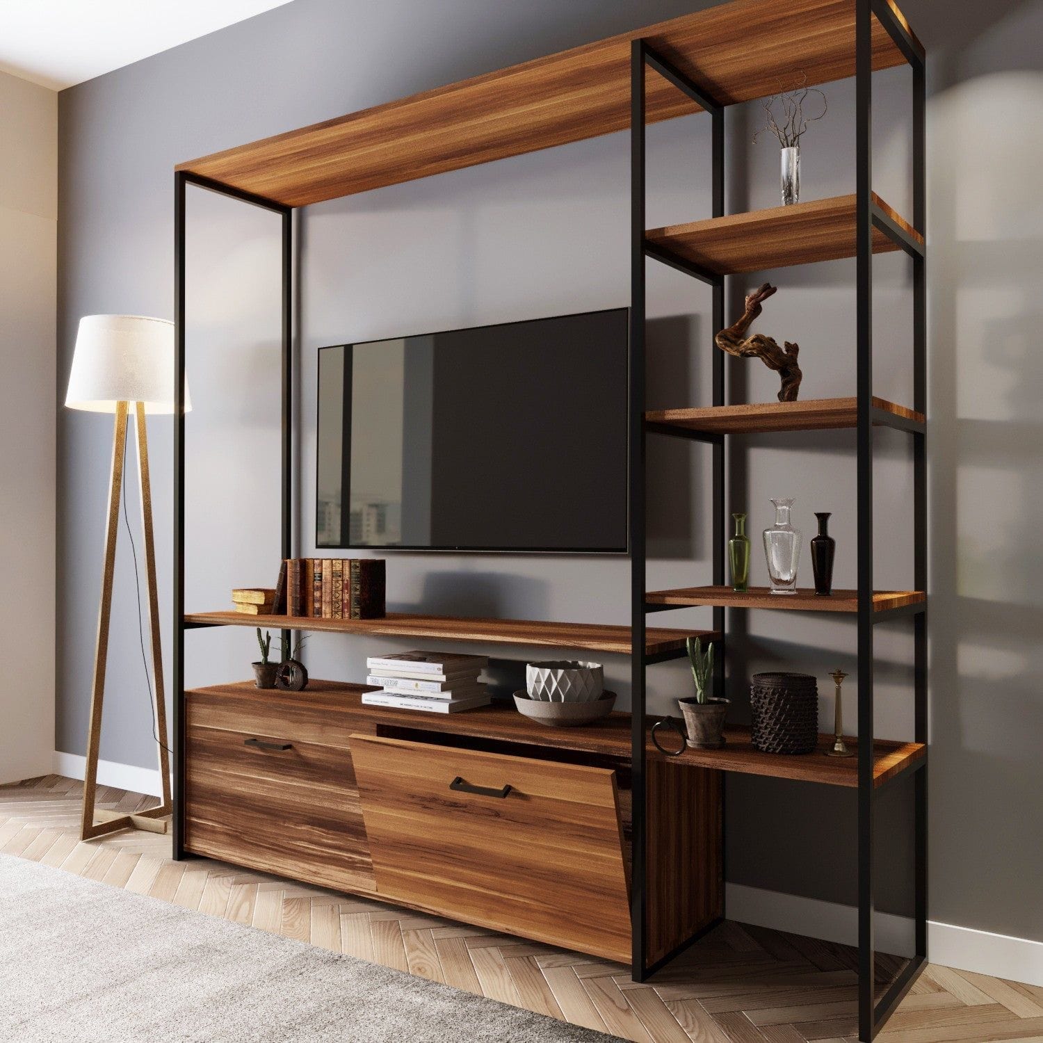Comoda NIGARAN TV, nuc, PAL melaminat/metal, 180x40x180 cm