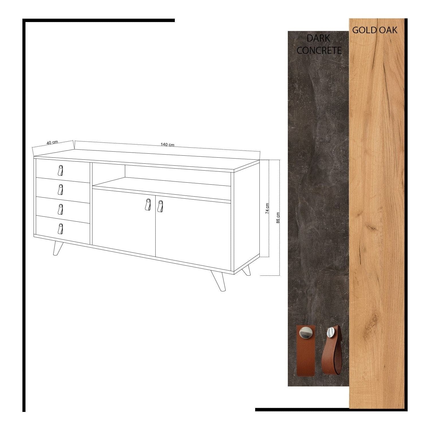 Comoda Pagina, stejar/gri ciment inchis, PAL melaminat, 140x40x86 cm
