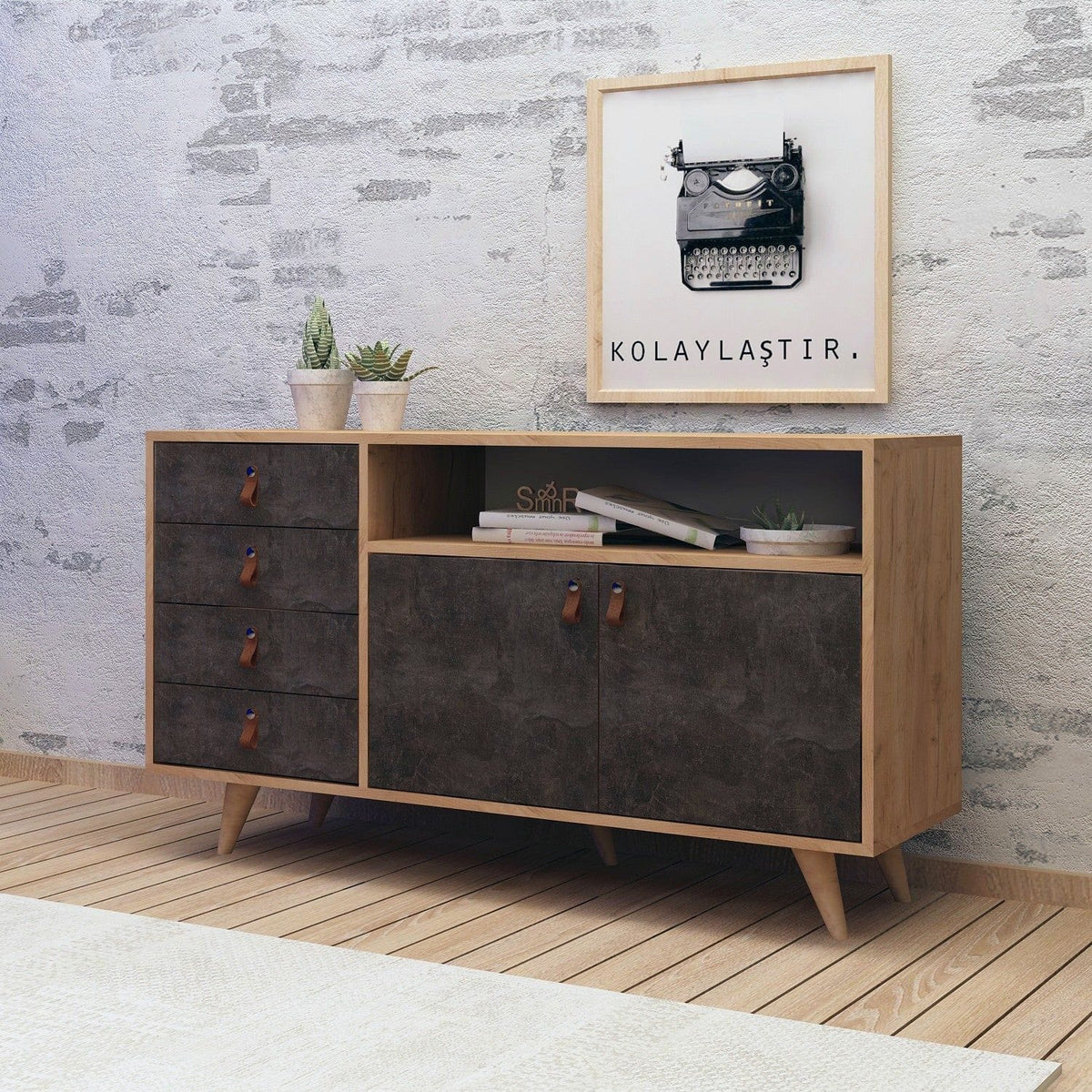Comoda Pagina, stejar/gri ciment inchis, PAL melaminat, 140x40x86 cm