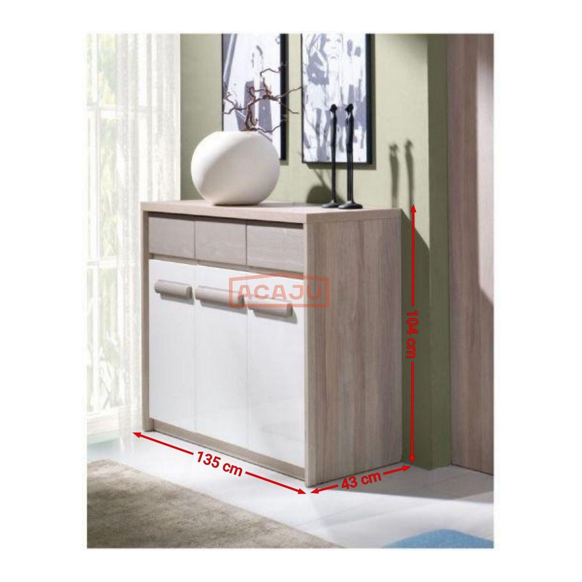 Comoda ROMA 12, stejar Ferrara/alb lucios/gri mat, PAL/PVC, 135x43x104 cm