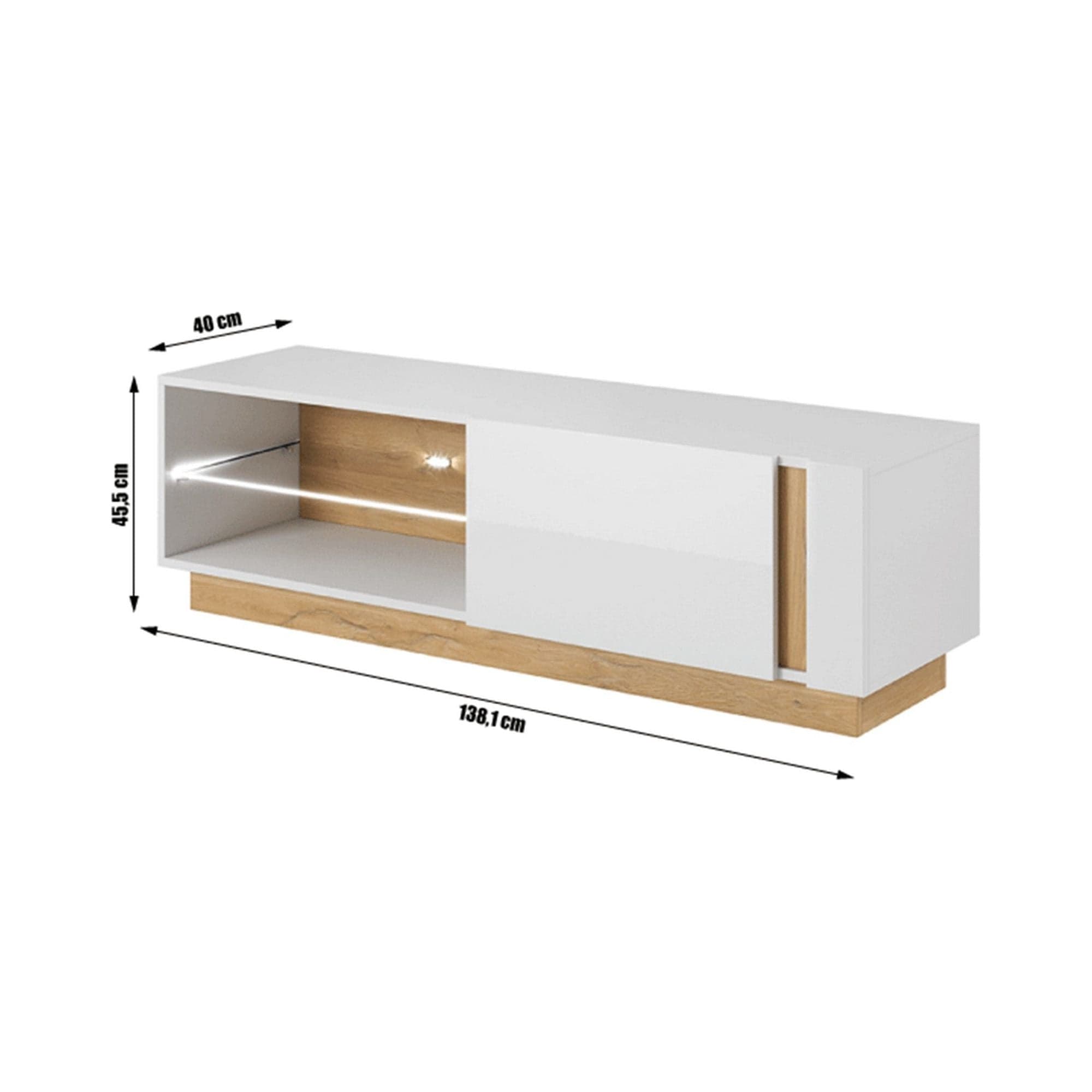 Comoda RTV CITY, stejar grandson/alb lucios, PAL melaminat, 138x40x46 cm