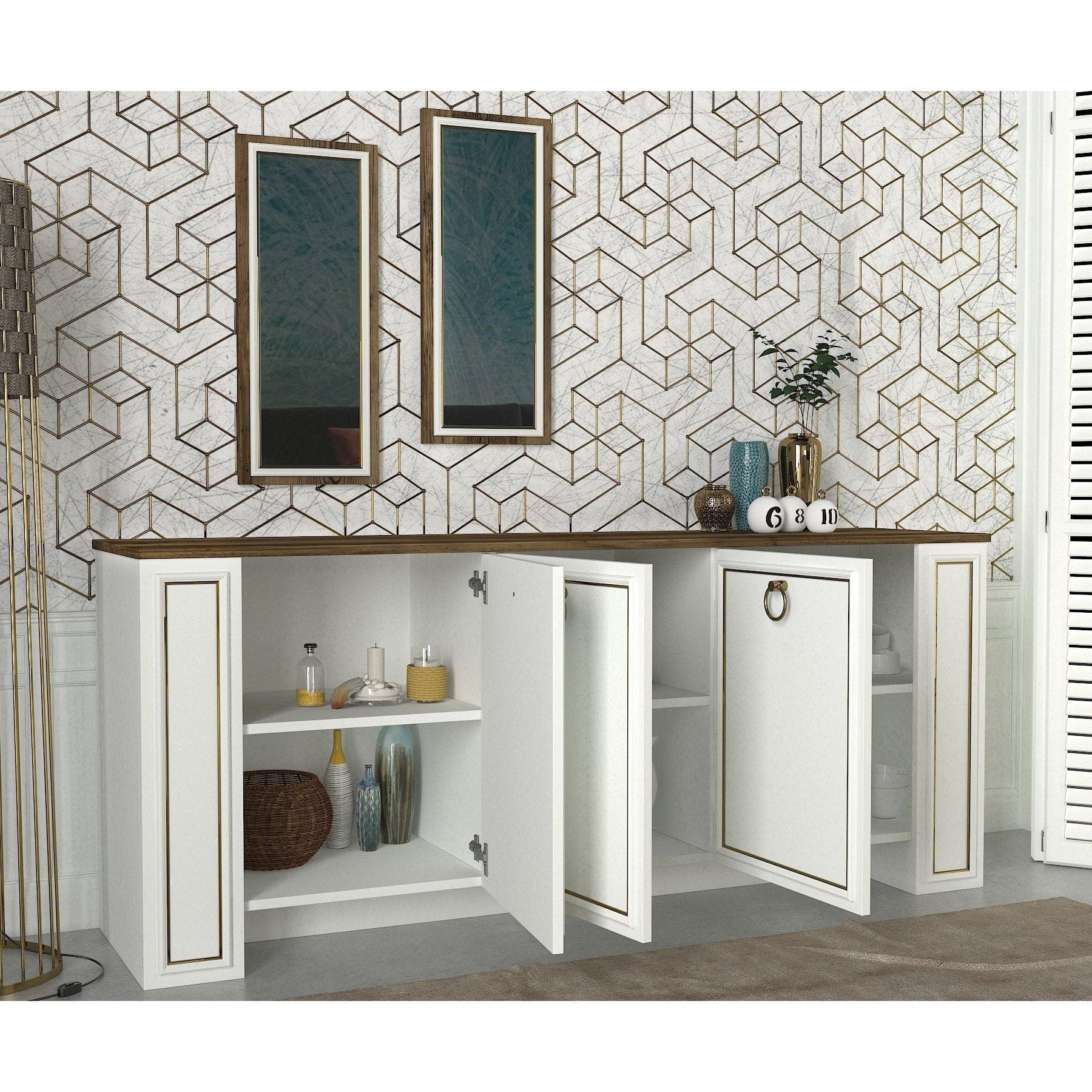 Comoda Sansa Aynali, nuc/alb, PAL melaminat, 180x45x76 cm