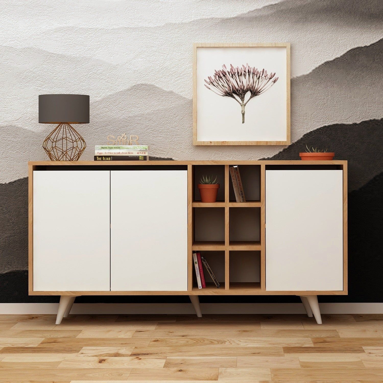 Comoda Seria, din PAL melaminat, alb/stejar, 140x40x86 cm