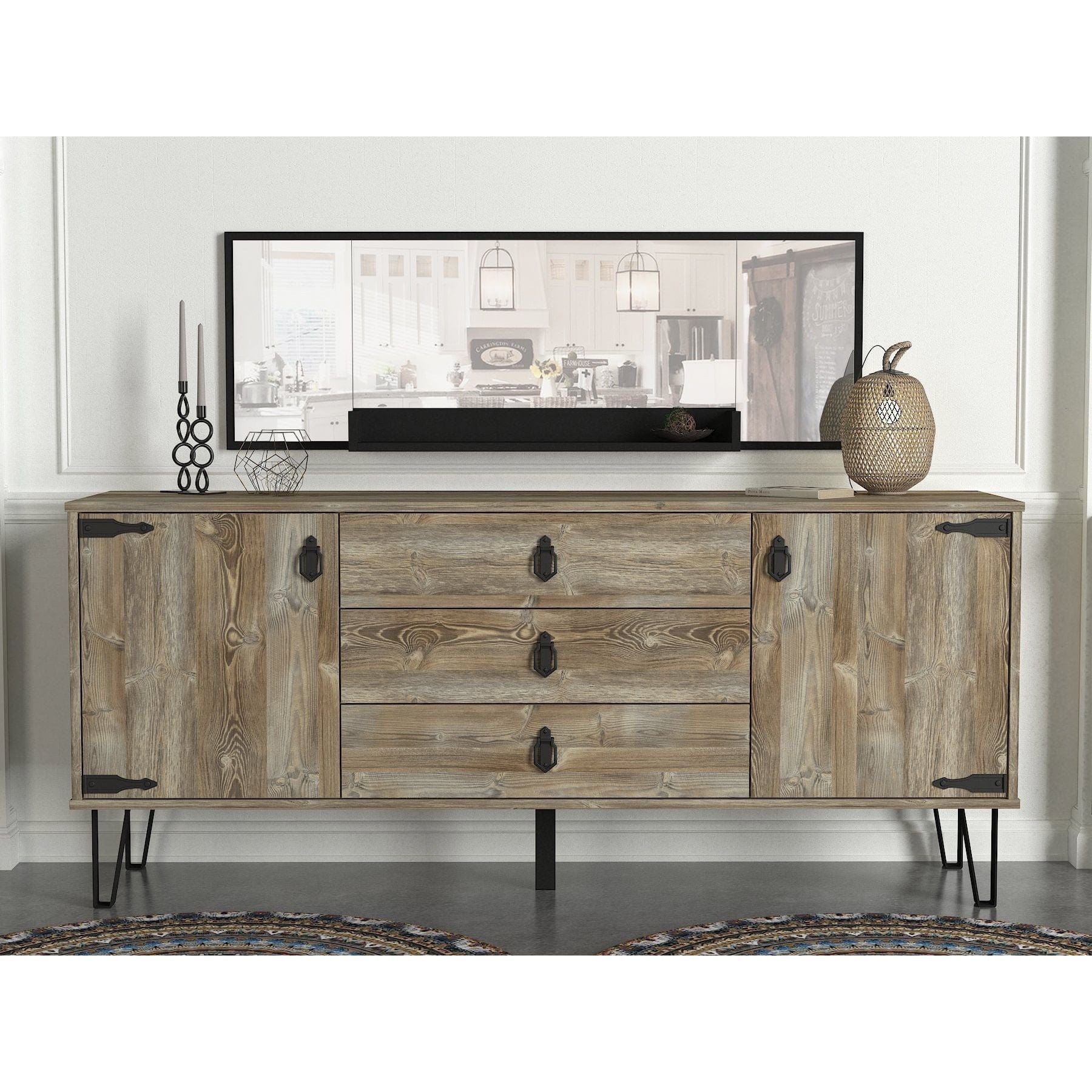 Comoda si oglinda cu polita COSTA, stejar canyon/negru, PAL melaminat/metal, 180x45x78 cm