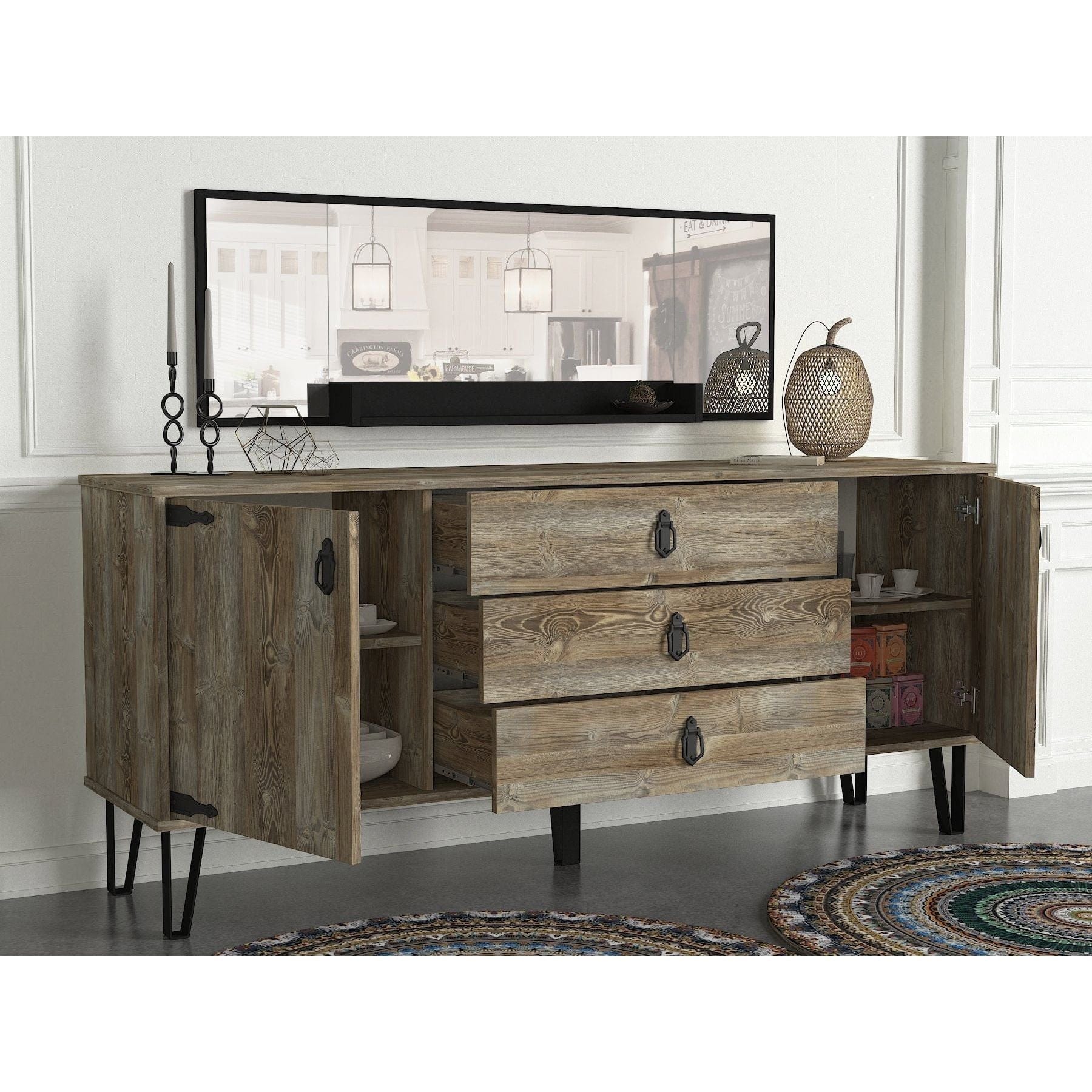 Comoda si oglinda cu polita COSTA, stejar canyon/negru, PAL melaminat/metal, 180x45x78 cm