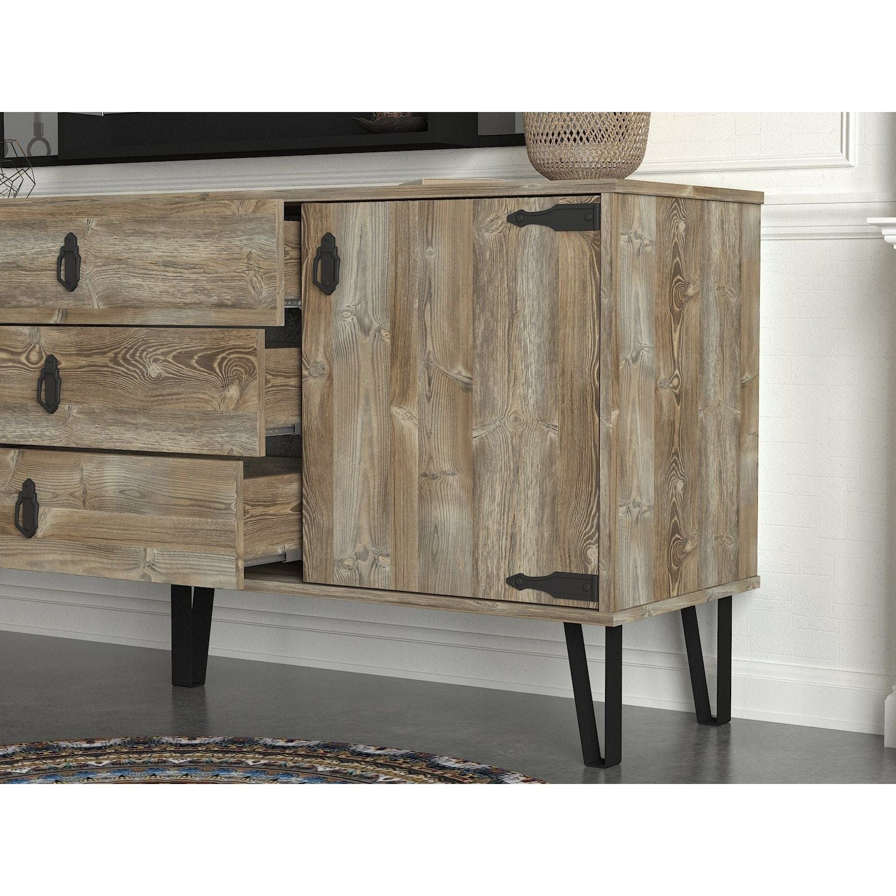 Comoda si oglinda cu polita COSTA, stejar canyon/negru, PAL melaminat/metal, 180x45x78 cm