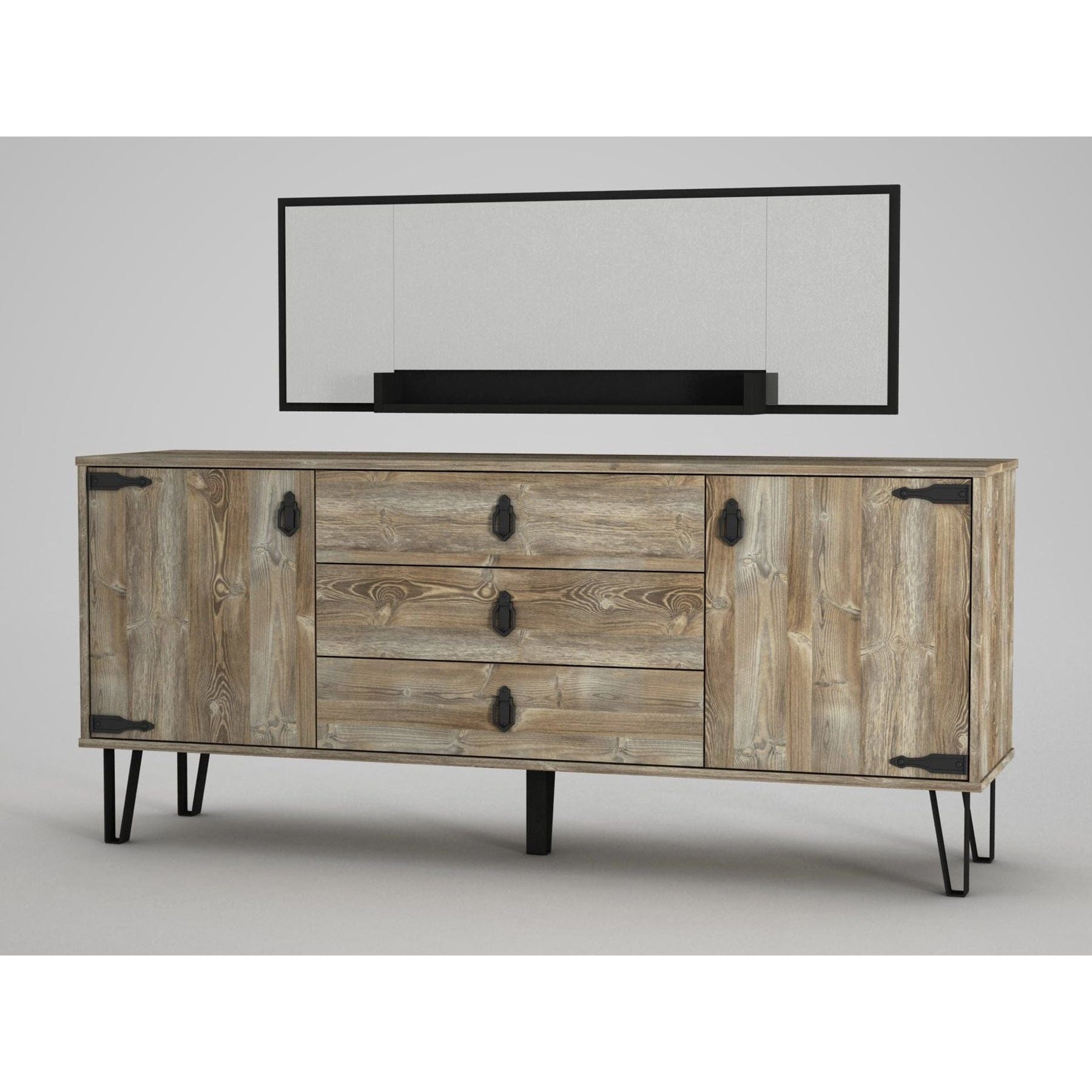 Comoda si oglinda cu polita COSTA, stejar canyon/negru, PAL melaminat/metal, 180x45x78 cm