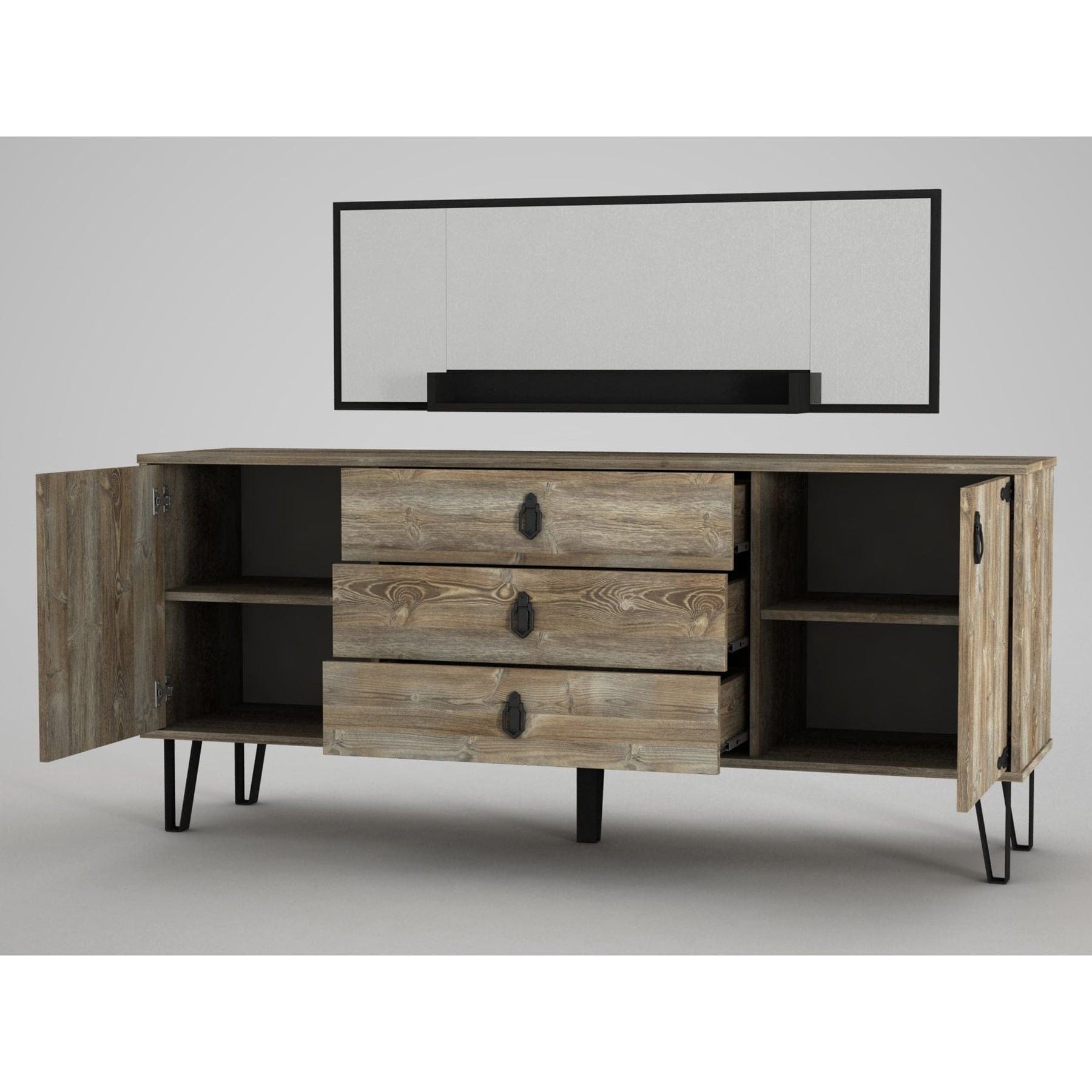 Comoda si oglinda cu polita COSTA, stejar canyon/negru, PAL melaminat/metal, 180x45x78 cm