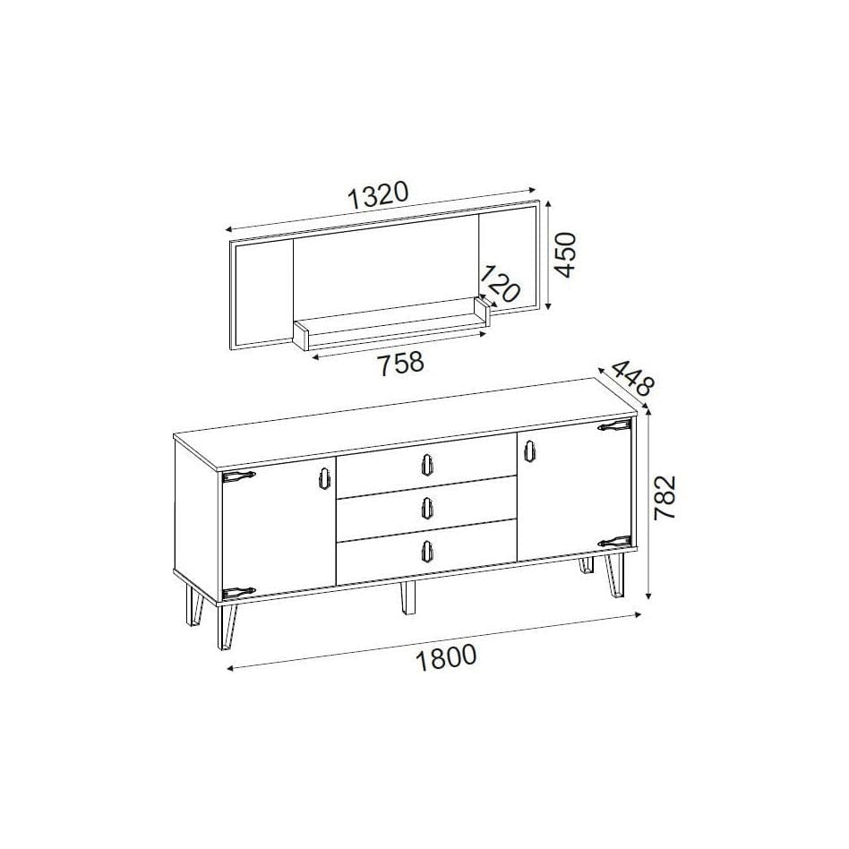 Comoda si oglinda cu polita COSTA, stejar canyon/negru, PAL melaminat/metal, 180x45x78 cm