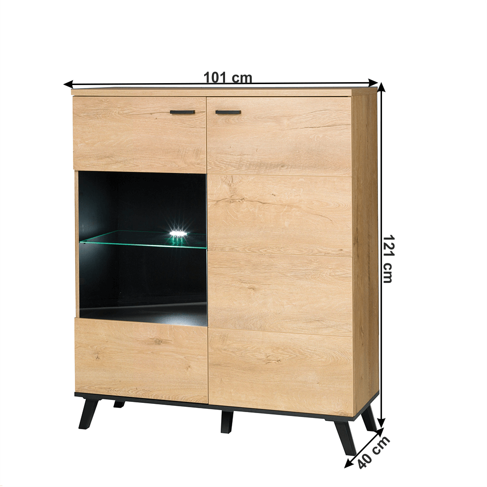 Comoda SIRAN TYP 4, stejar lefkas/negru, DTD laminat/plastic, cu iluminare LED, 101x40x121 cm