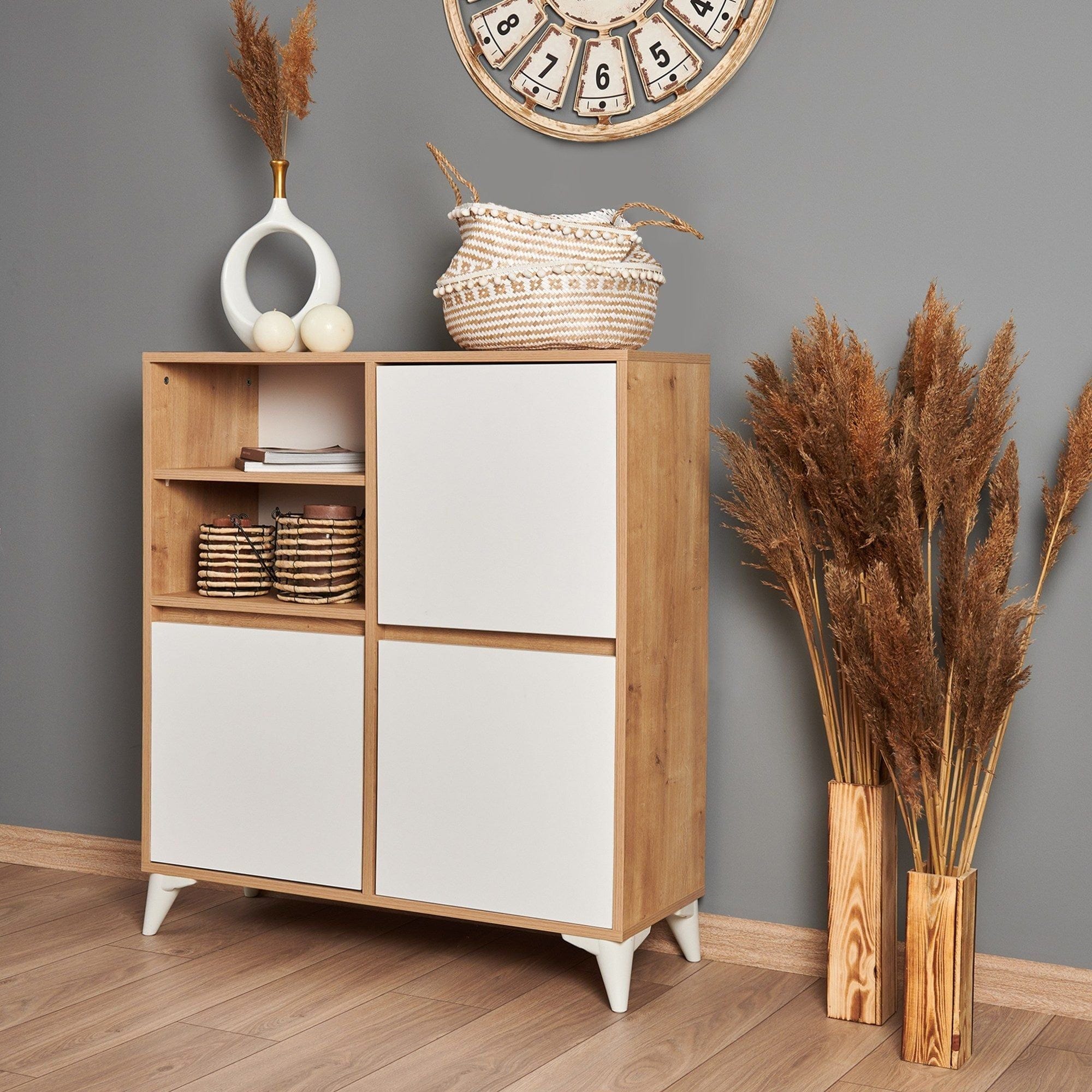 Comoda TUVALLE 042, alb/stejar, PAL melaminat, 97x35x109 cm