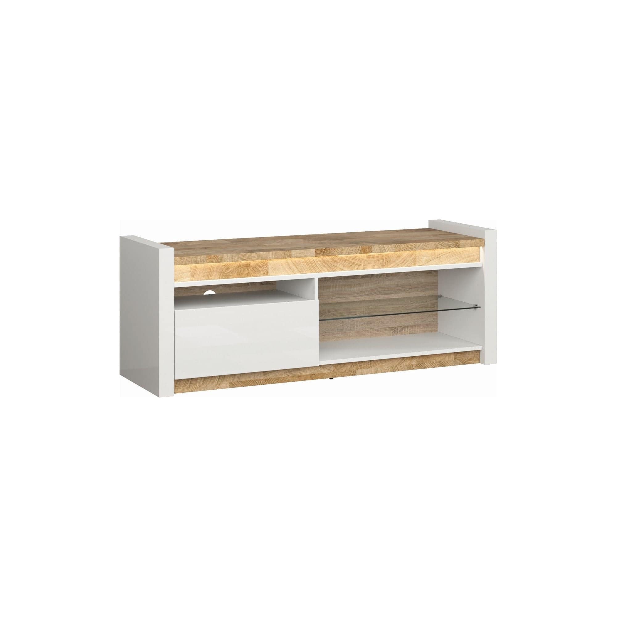 Comoda TV ALAMEDA, alb/stejar, PAL, 147x46x55 cm