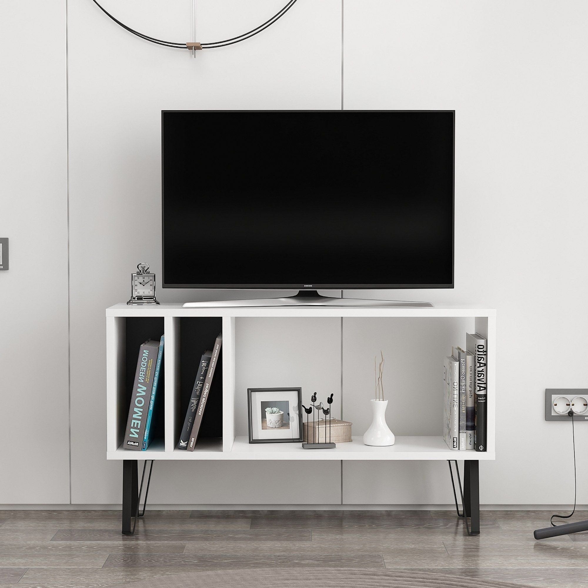 Comoda TV ARVEN, alb/gri, PAL melaminat, 90x25x53 cm