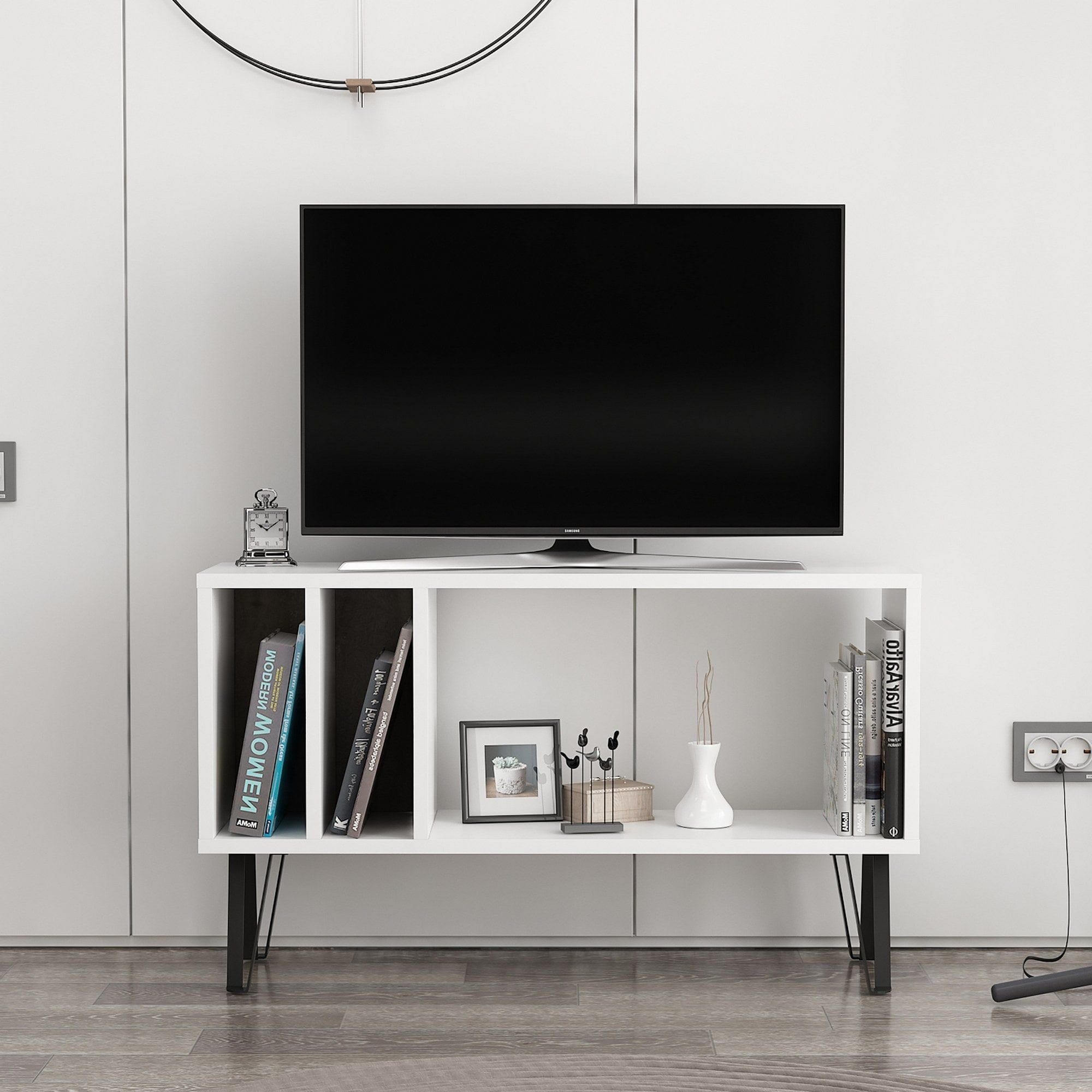Comoda TV ARVEN, alb/stejar inchis, PAL melaminat, 90x25x53 cm