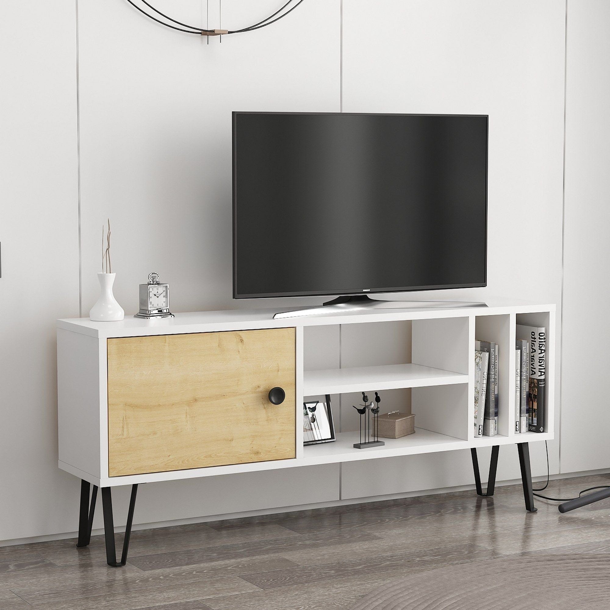 Comoda TV ARVEN, alb/stejar/negru, PAL melaminat, 120x25x52 cm