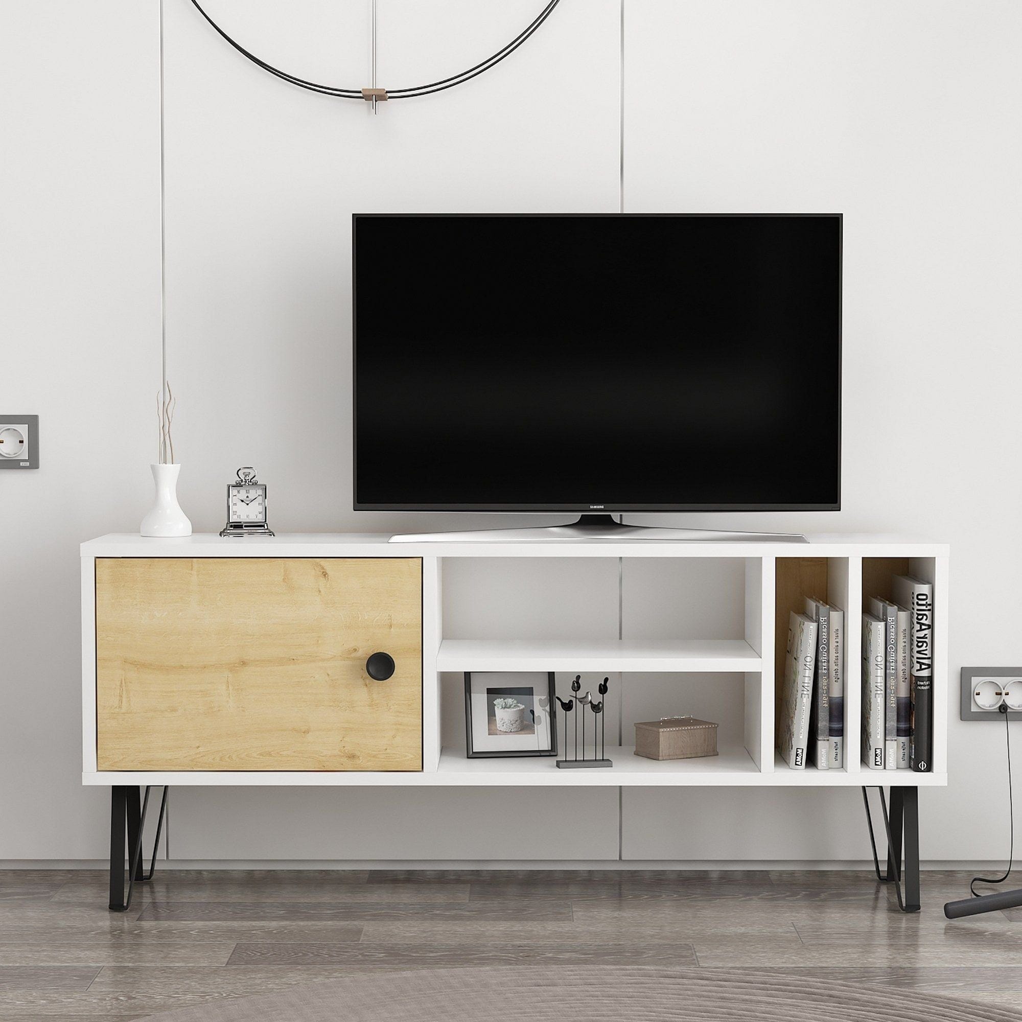 Comoda TV ARVEN, alb/stejar/negru, PAL melaminat, 120x25x52 cm