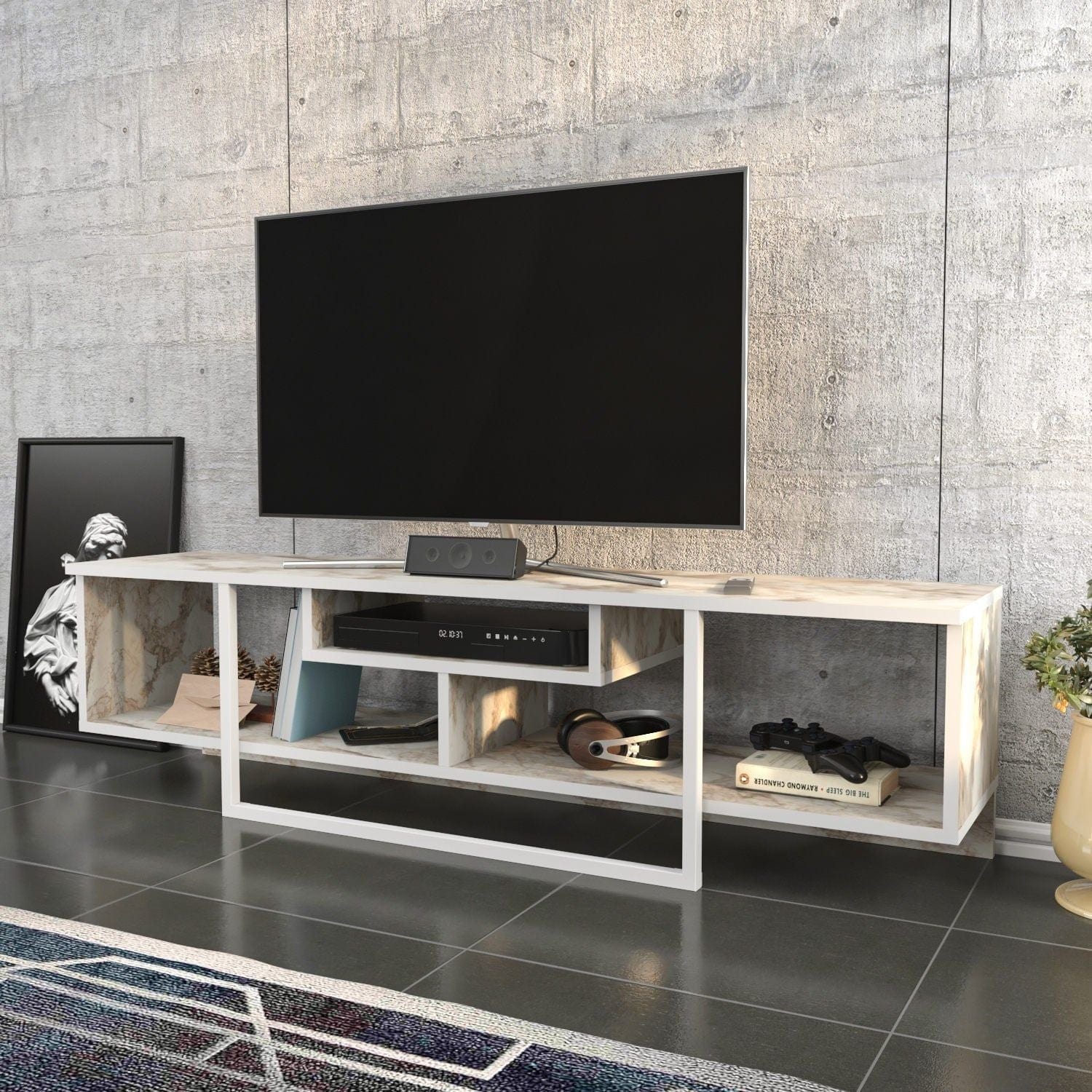 Comoda TV ASAL 150, alb/bej, PAL melaminat, 150x35x40 cm