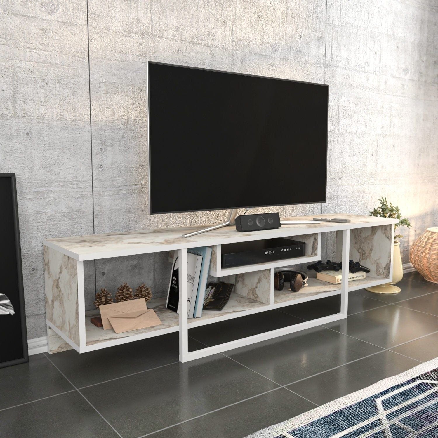 Comoda TV ASAL 150, alb/bej, PAL melaminat, 150x35x40 cm