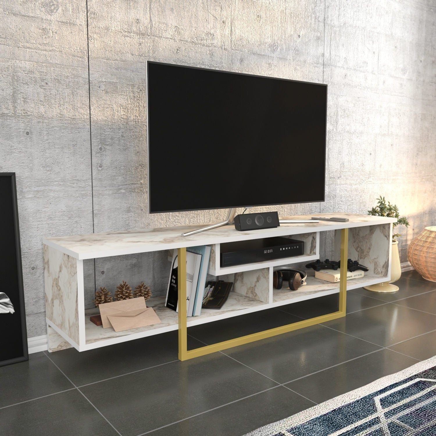 Comoda TV ASAL 150, bej/auriu, PAL melaminat, 150x35x40 cm