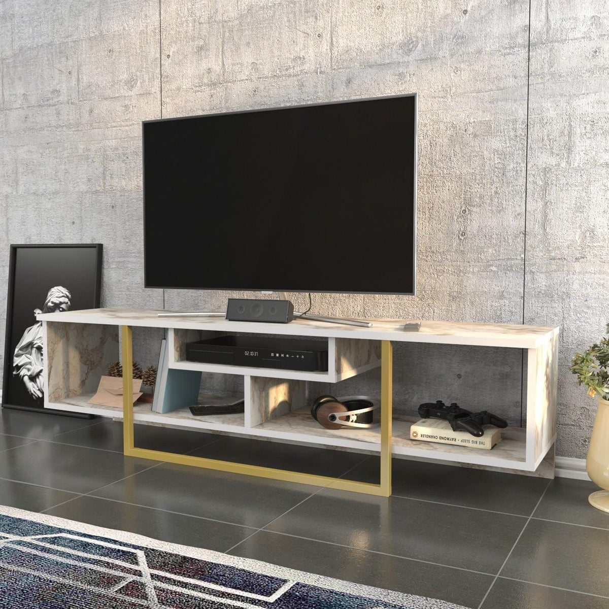 Comoda TV ASAL 150, bej/auriu, PAL melaminat, 150x35x40 cm