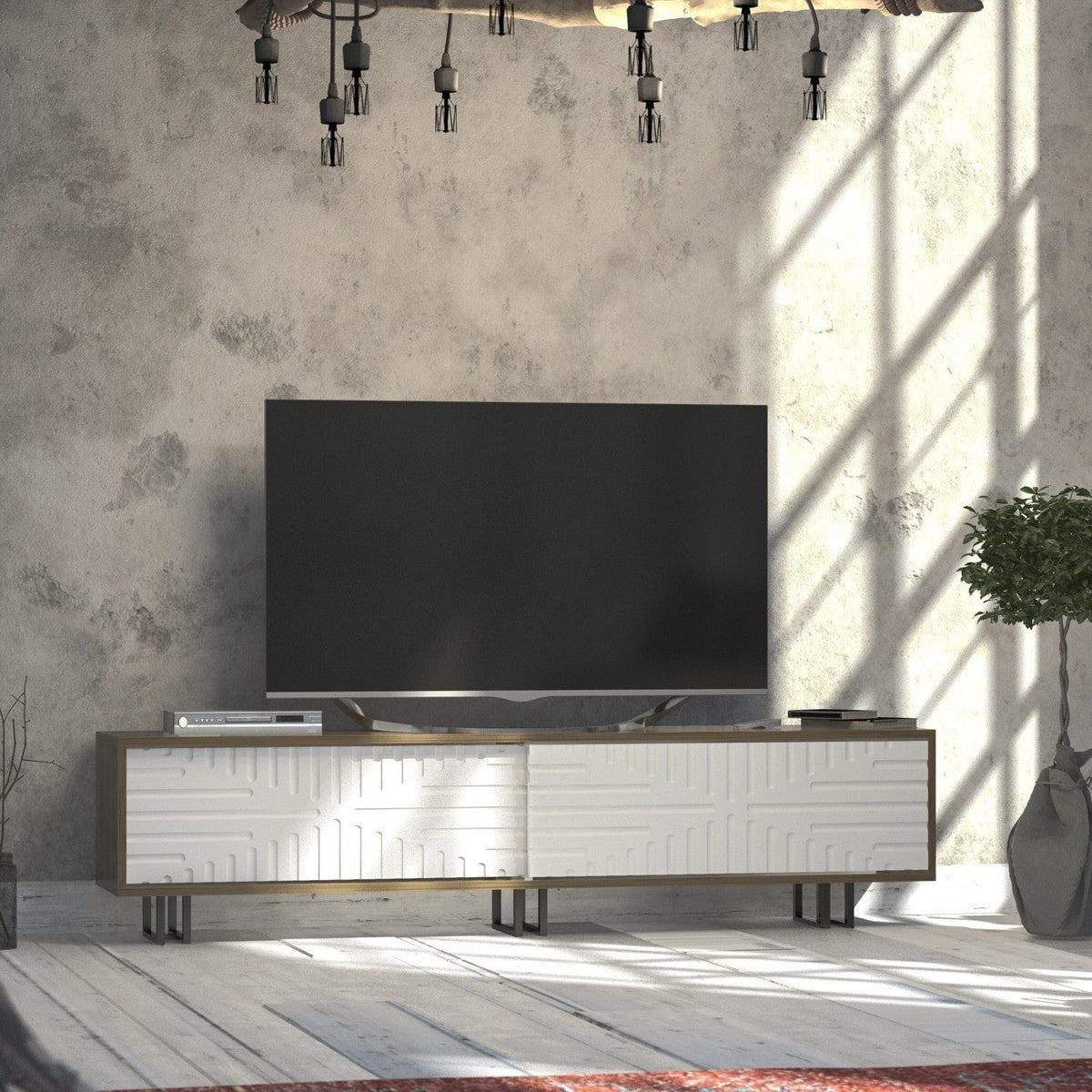 Comoda TV Askal, stejar/alb, PAL melaminat/metal, 180x35x47 cm