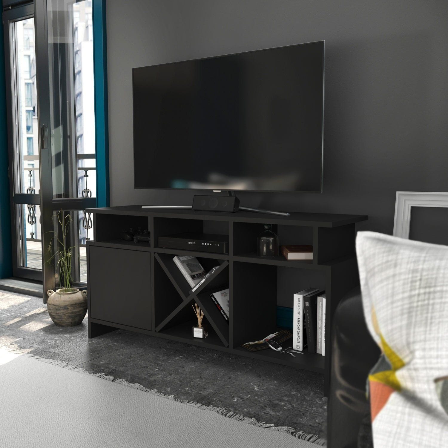 Comoda TV AUBURN, gri, PAL melaminat, 120x30x61 cm