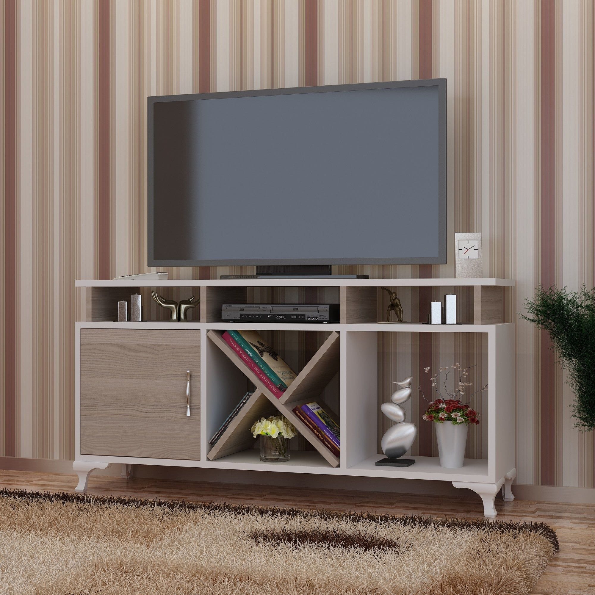 Comoda TV AY, alb/stejar, PAL melaminat, 120x30x54 cm