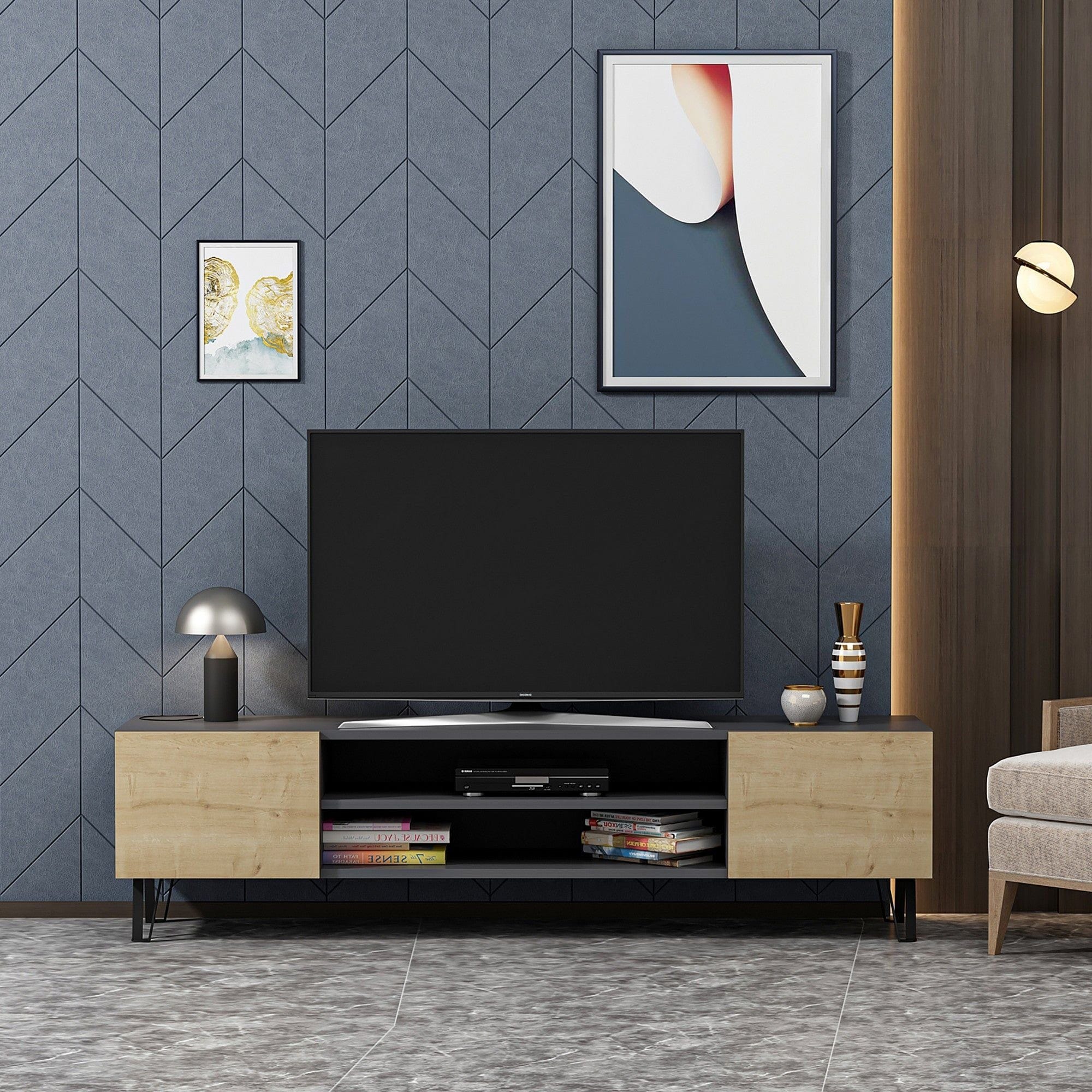 Comoda TV BLOOM, gri/stejar, PAL melaminat, 160x37x47 cm