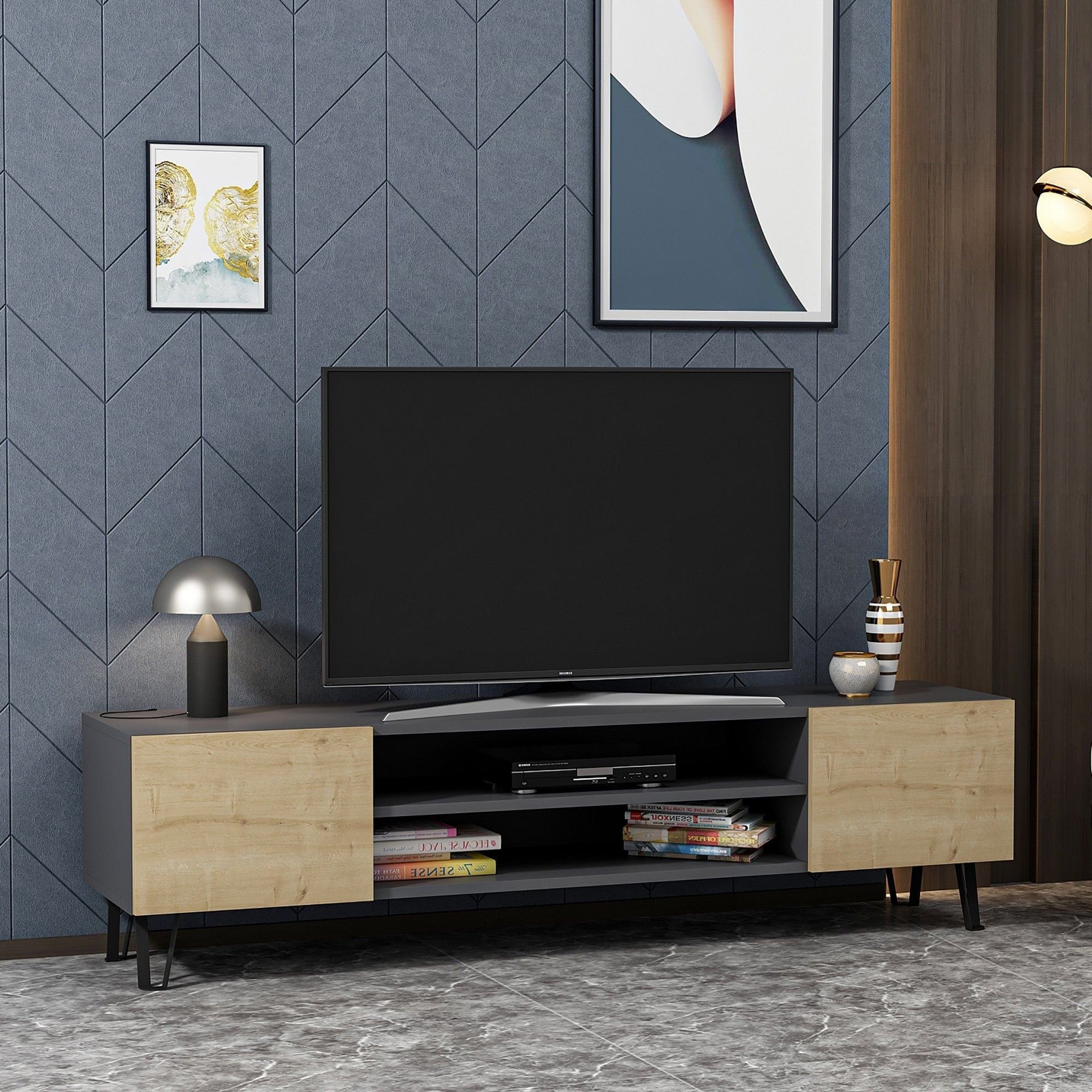 Comoda TV BLOOM, gri/stejar, PAL melaminat, 160x37x47 cm