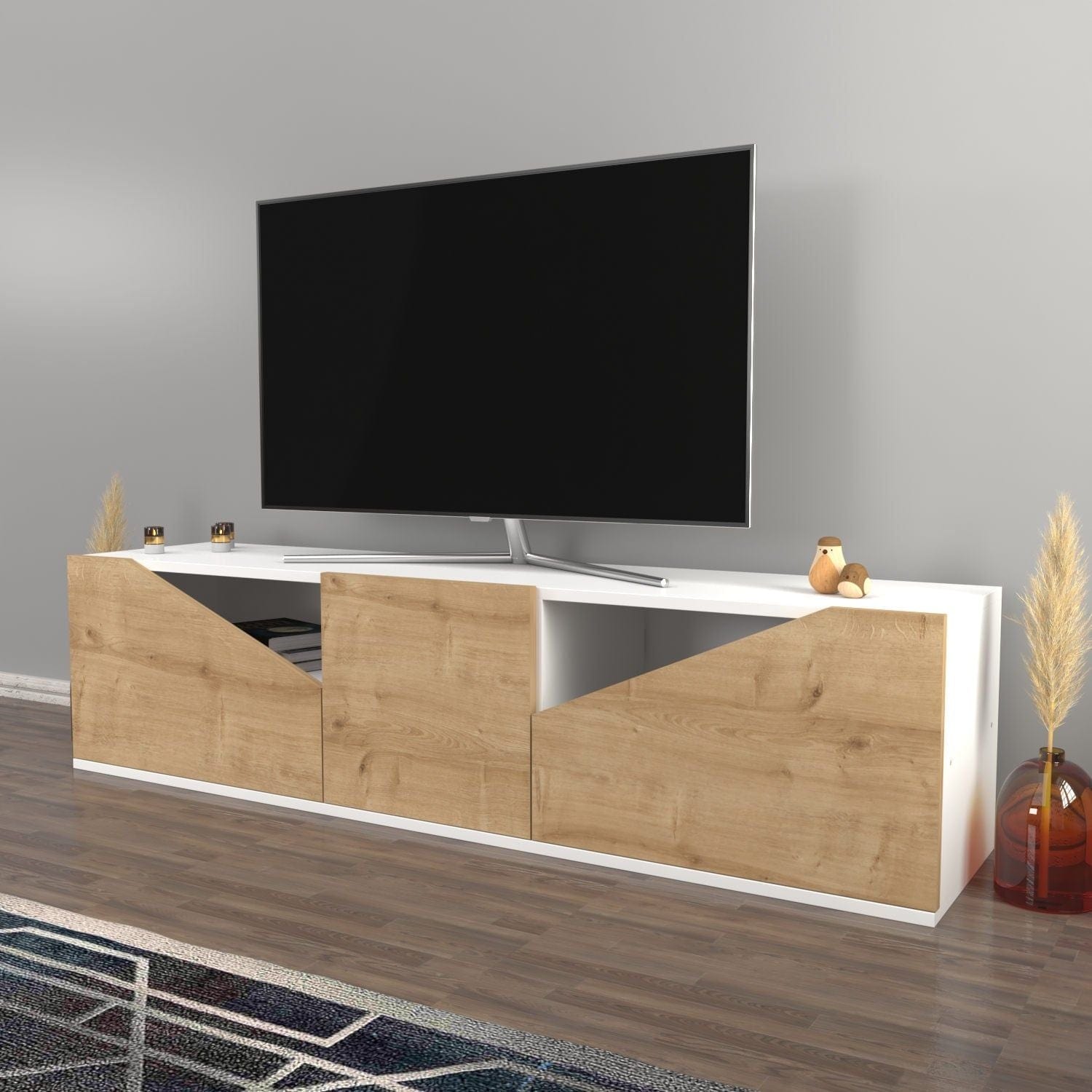 Comoda TV CARSON, alb/stejar, PAL melaminat, 160x35x40 cm