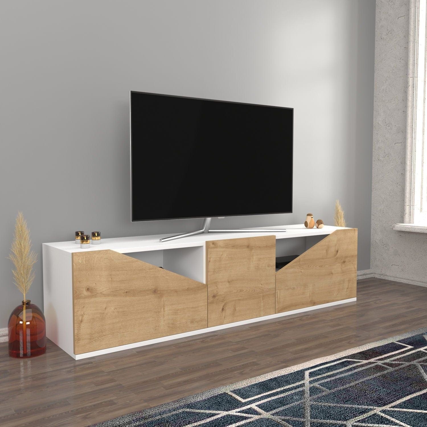 Comoda TV CARSON, alb/stejar, PAL melaminat, 160x35x40 cm