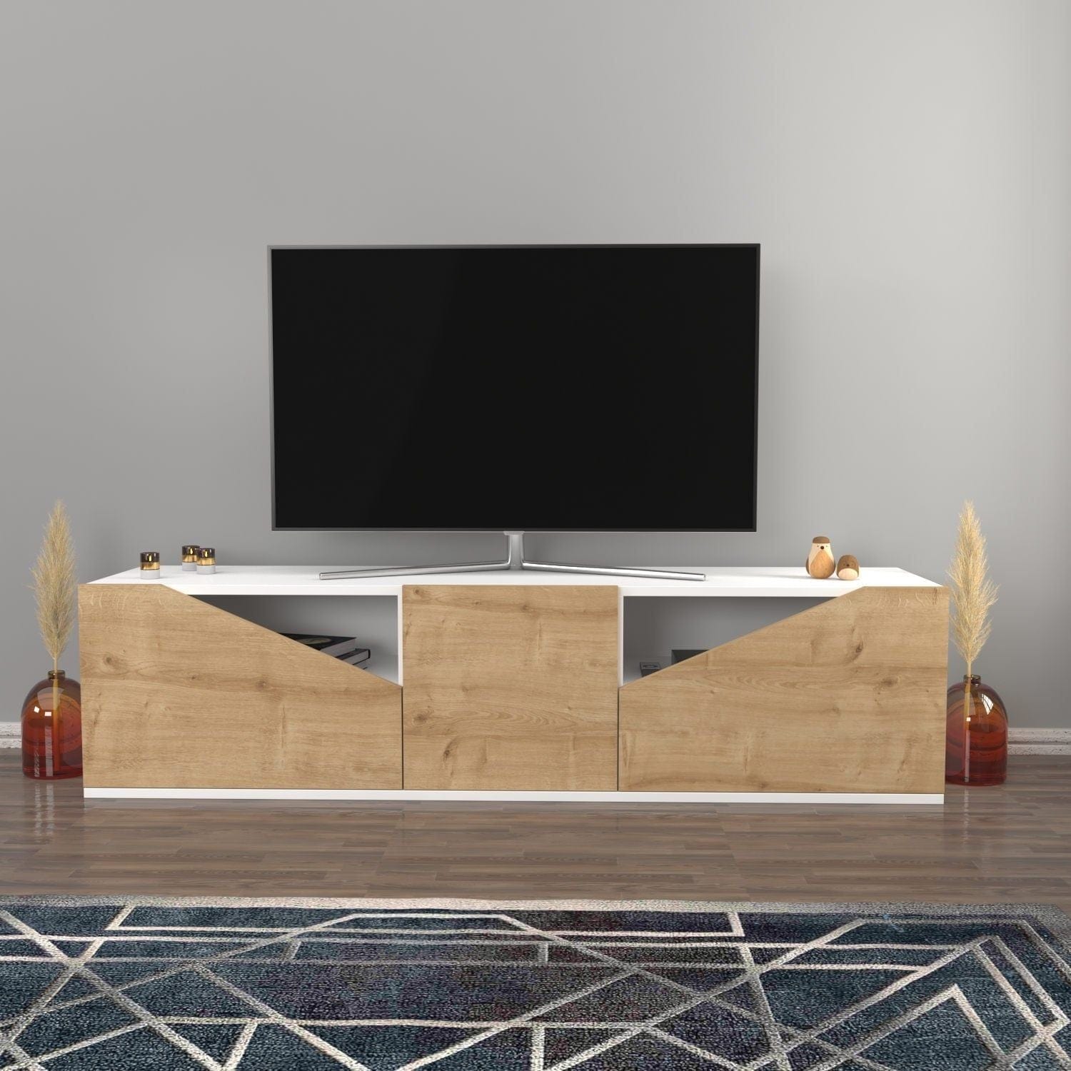 Comoda TV CARSON, alb/stejar, PAL melaminat, 160x35x40 cm