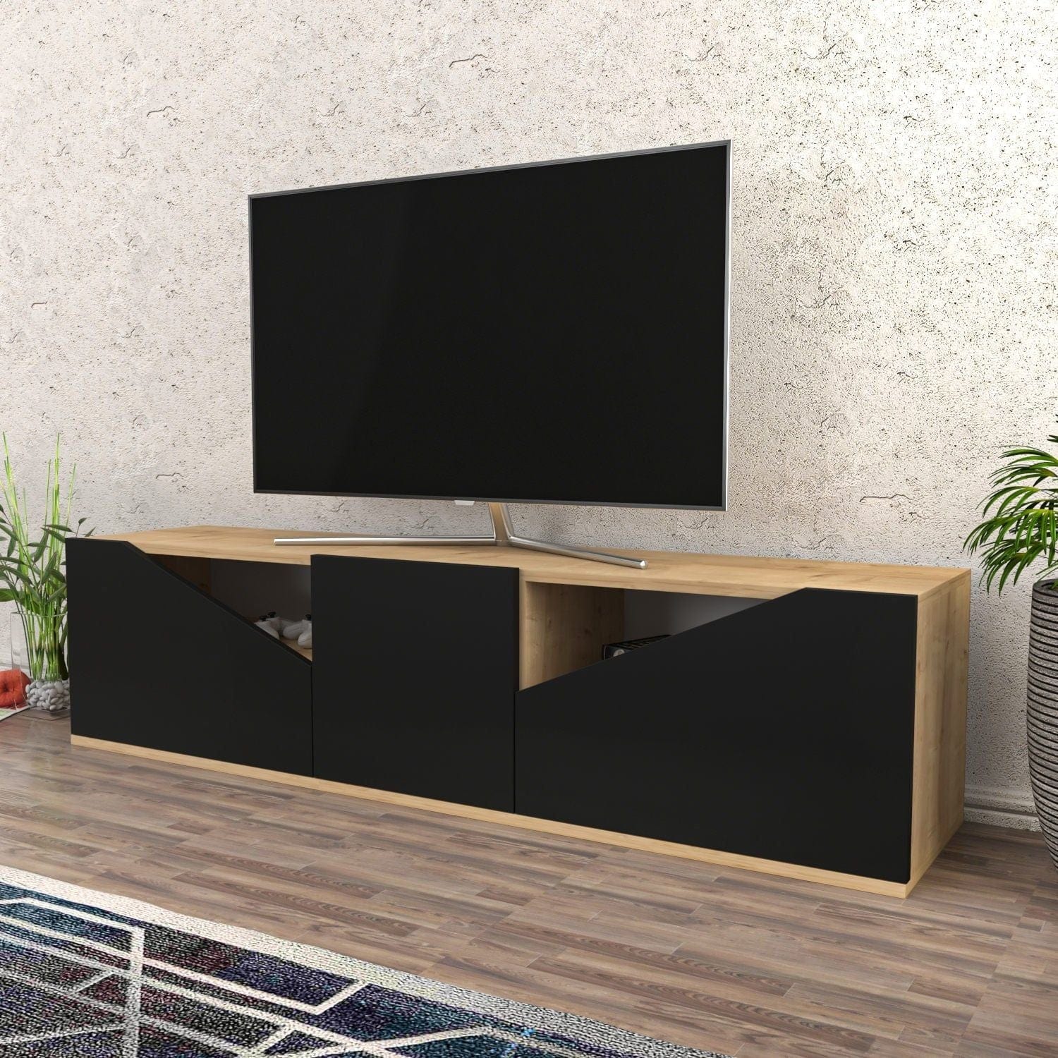 Comoda TV CARSON, negru/stejar, PAL melaminat, 160x35x40 cm