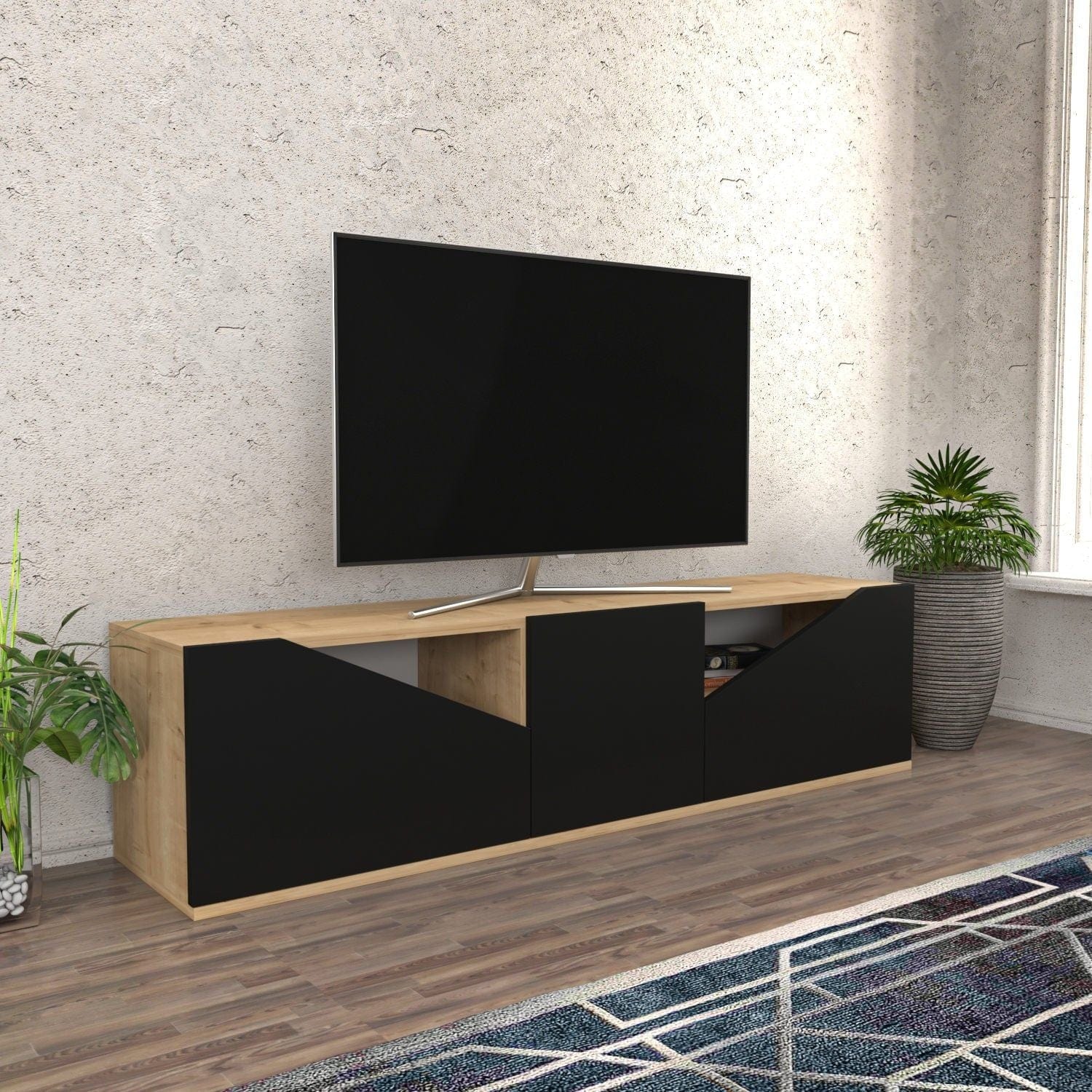 Comoda TV CARSON, negru/stejar, PAL melaminat, 160x35x40 cm