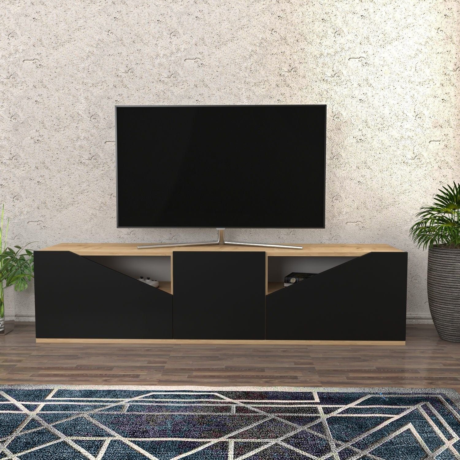 Comoda TV CARSON, negru/stejar, PAL melaminat, 160x35x40 cm