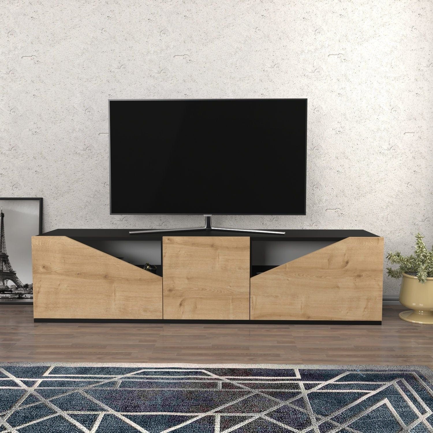 Comoda TV CARSON, stejar/negru, PAL melaminat, 160x35x40 cm