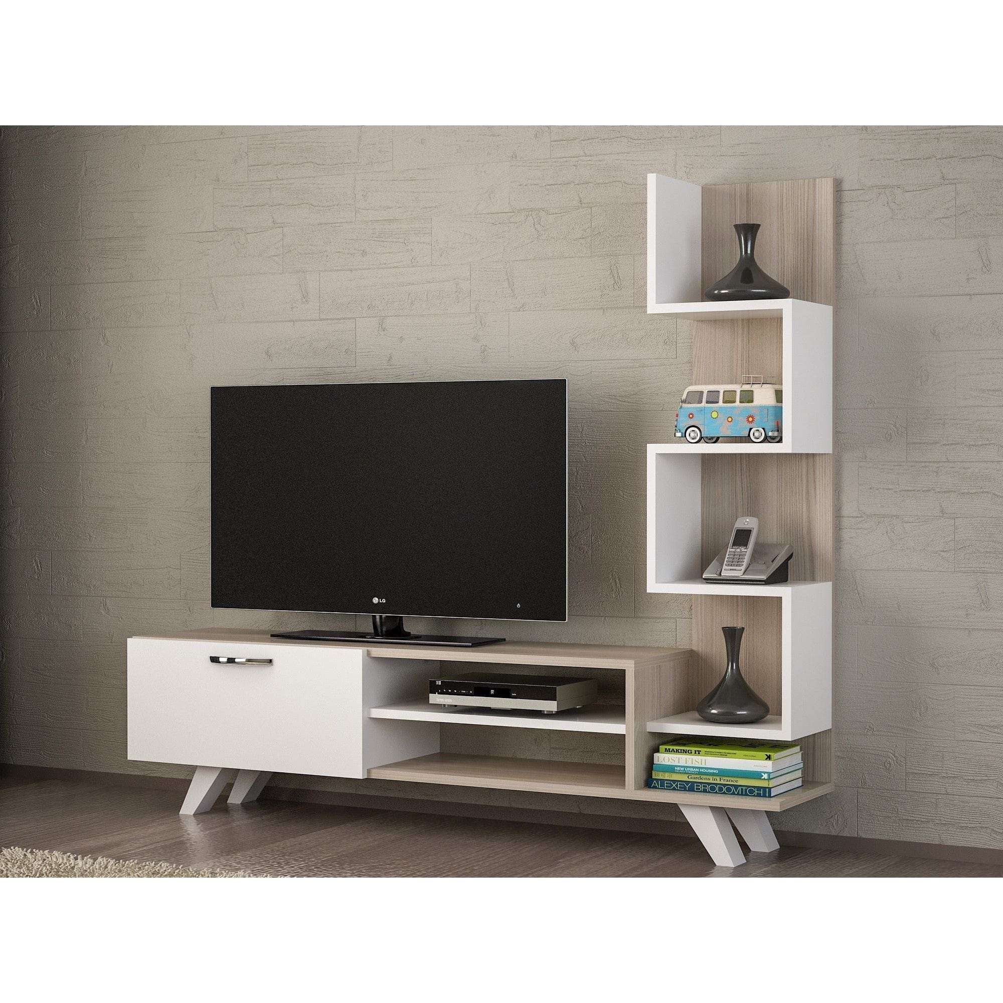 Comoda TV CEREN, stejar/alb, PAL melaminat, 150x30x132 cm