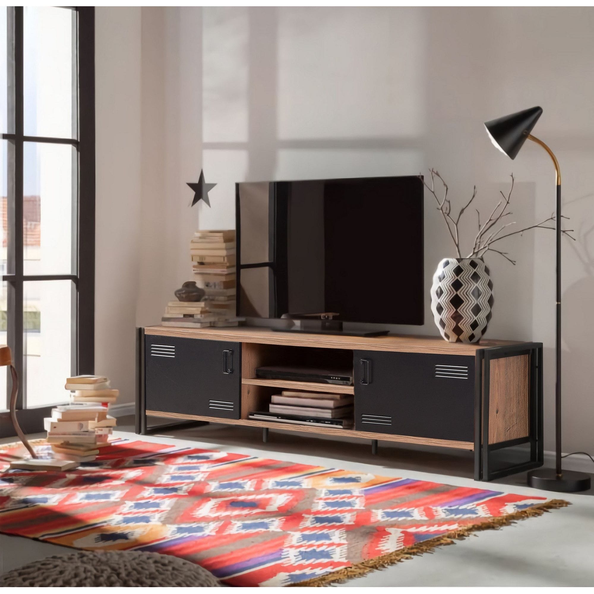 Comoda TV Cosmo Rex, stejar/negru, PAL melaminat, 180x45x50 cm