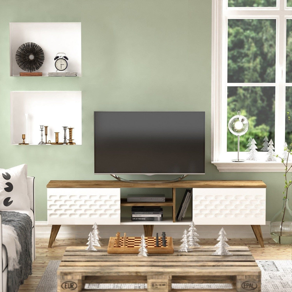 Comoda TV Egg, stejar/alb, PAL melaminat, 180x35x53 cm
