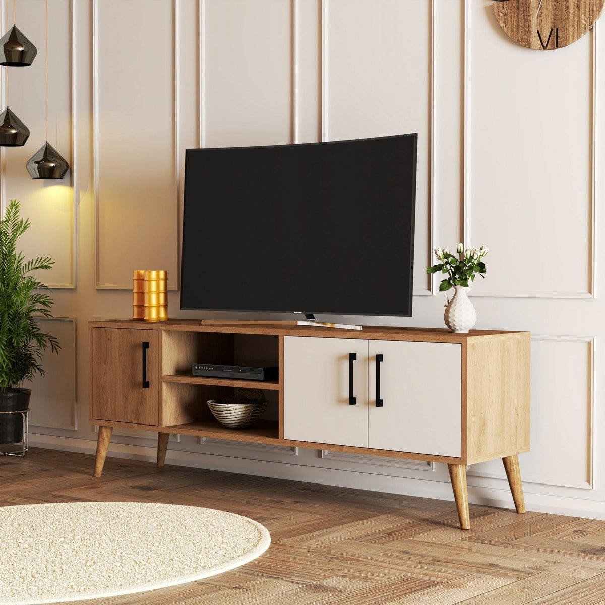 Comoda TV EXXEN-1584, stejar/alb, PAL melaminat, 150x34x52 cm
