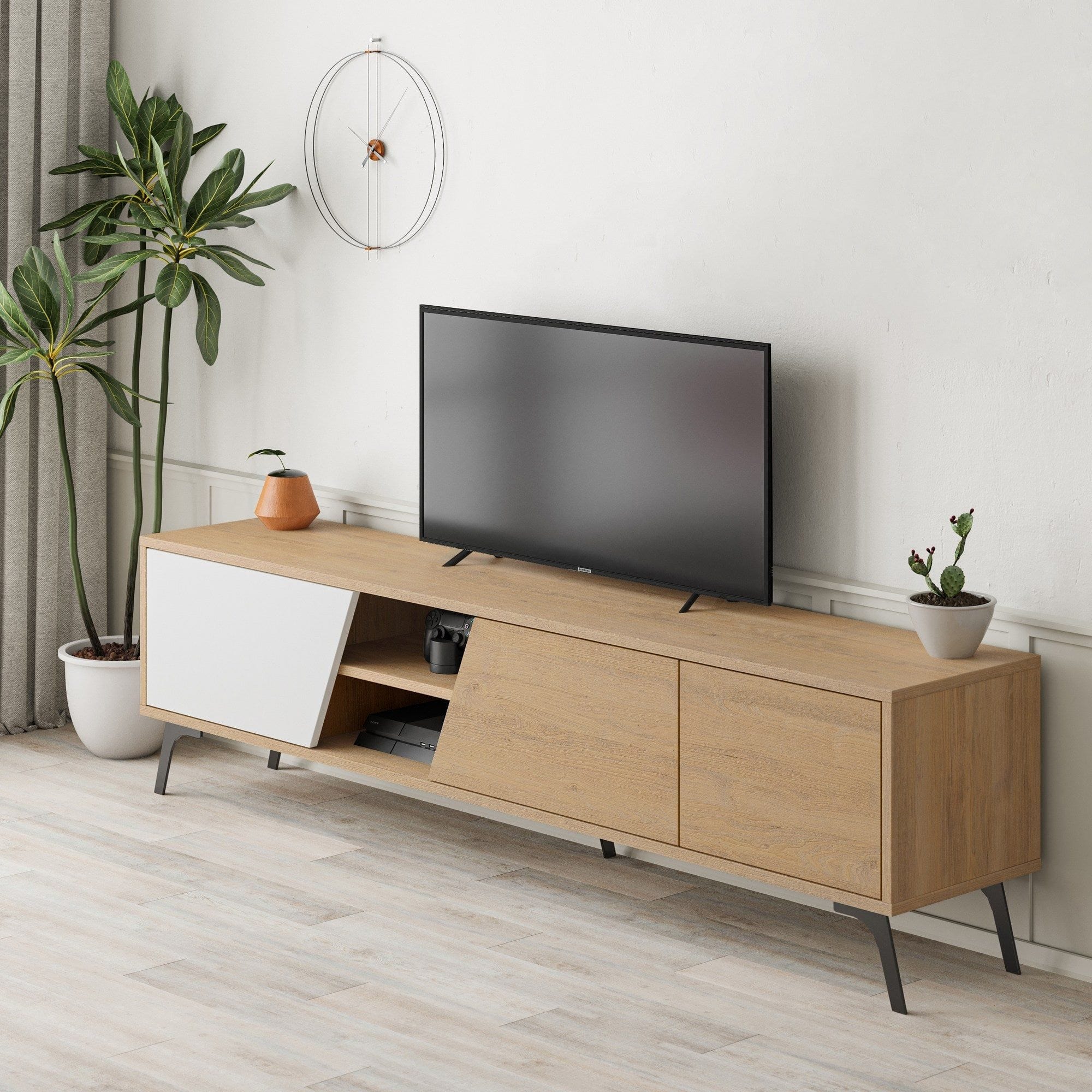 Comoda TV FIONA, stejar/alb, PAL melaminat, 180x36x48 cm