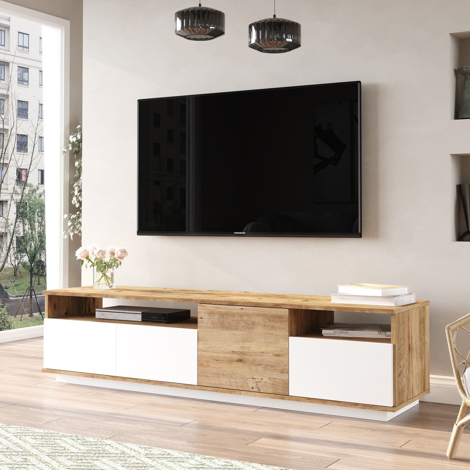 Comoda TV FR5 - AW, alb/stejar, PAL melaminat, 180x45x45 cm