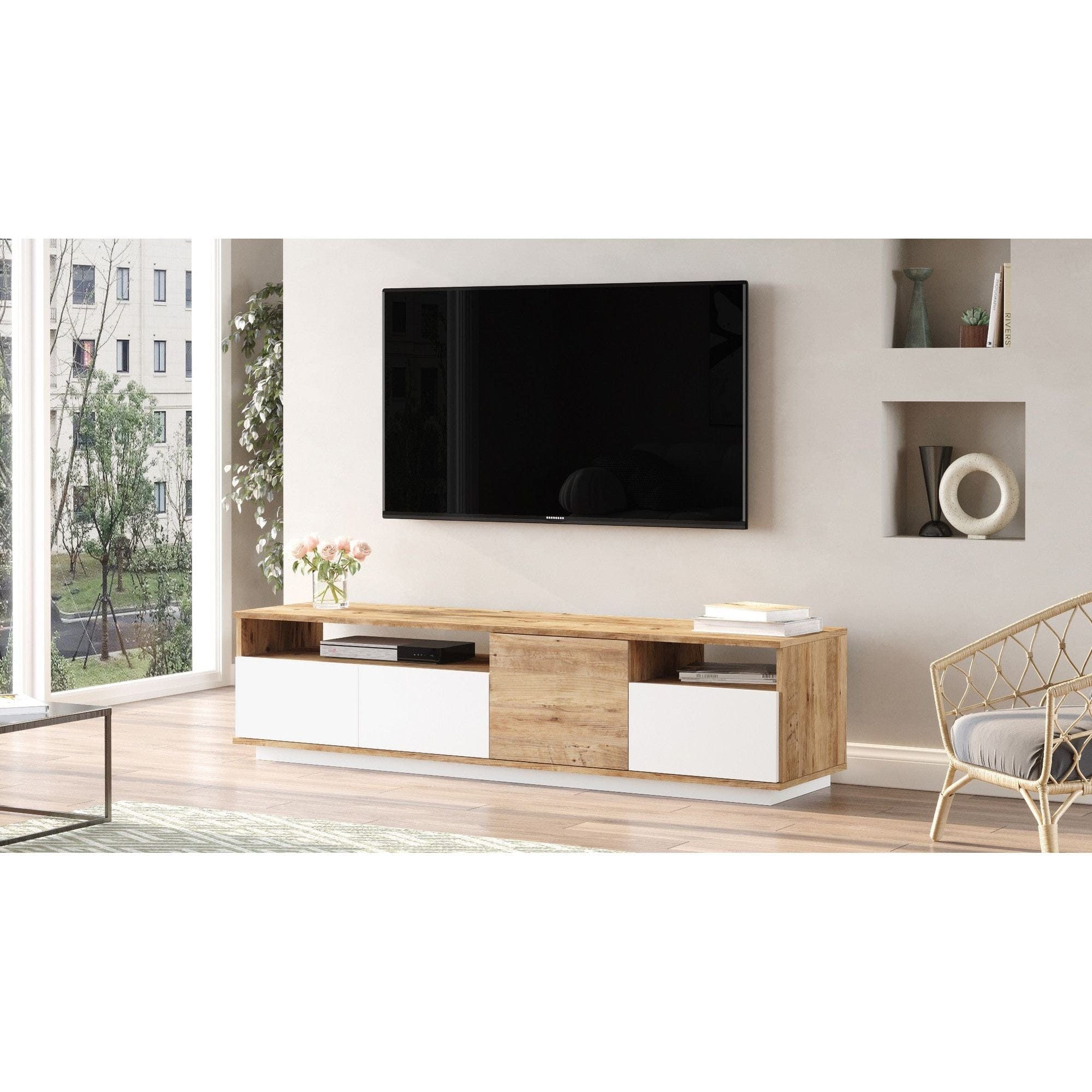Comoda TV FR5 - AW, alb/stejar, PAL melaminat, 180x45x45 cm
